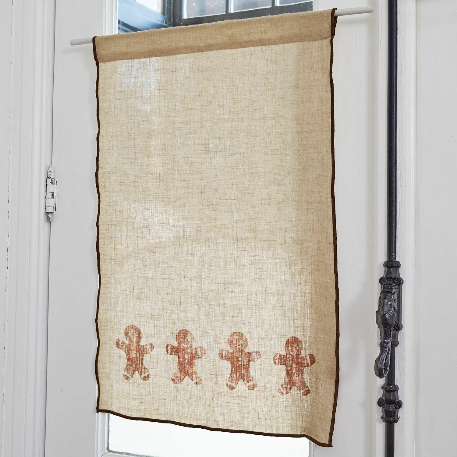 Brise-bise Gingerbread Rideau en lin beige avec bordures marron et motifs bonhommes en pain d'épice, décoration de fenêtre