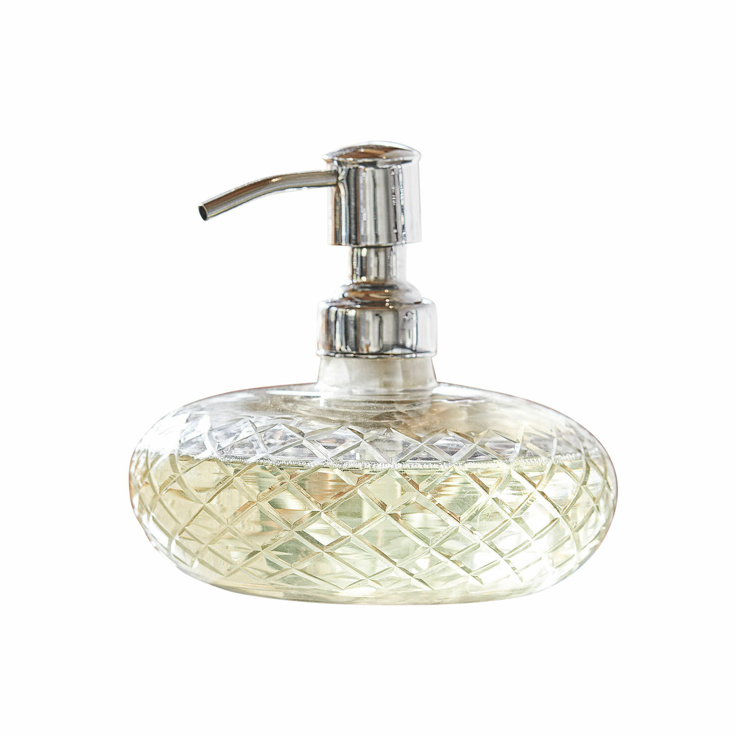 Distributeur de savon Cullen Distributeur de savon en verre transparent avec pompe métallique, motif diamant, accessoire de salle de bain