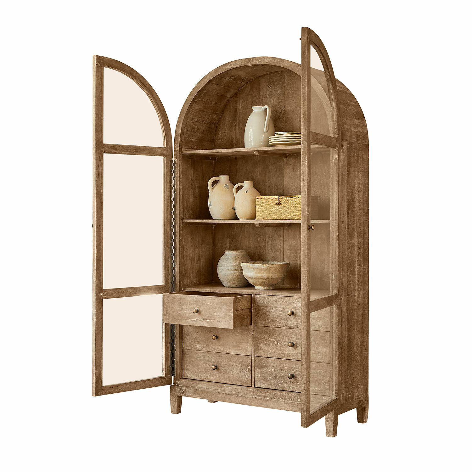 Vaisselier Winscombe Armoire en bois naturel avec portes arrondies et tiroirs, meuble de rangement élégant pour la maison