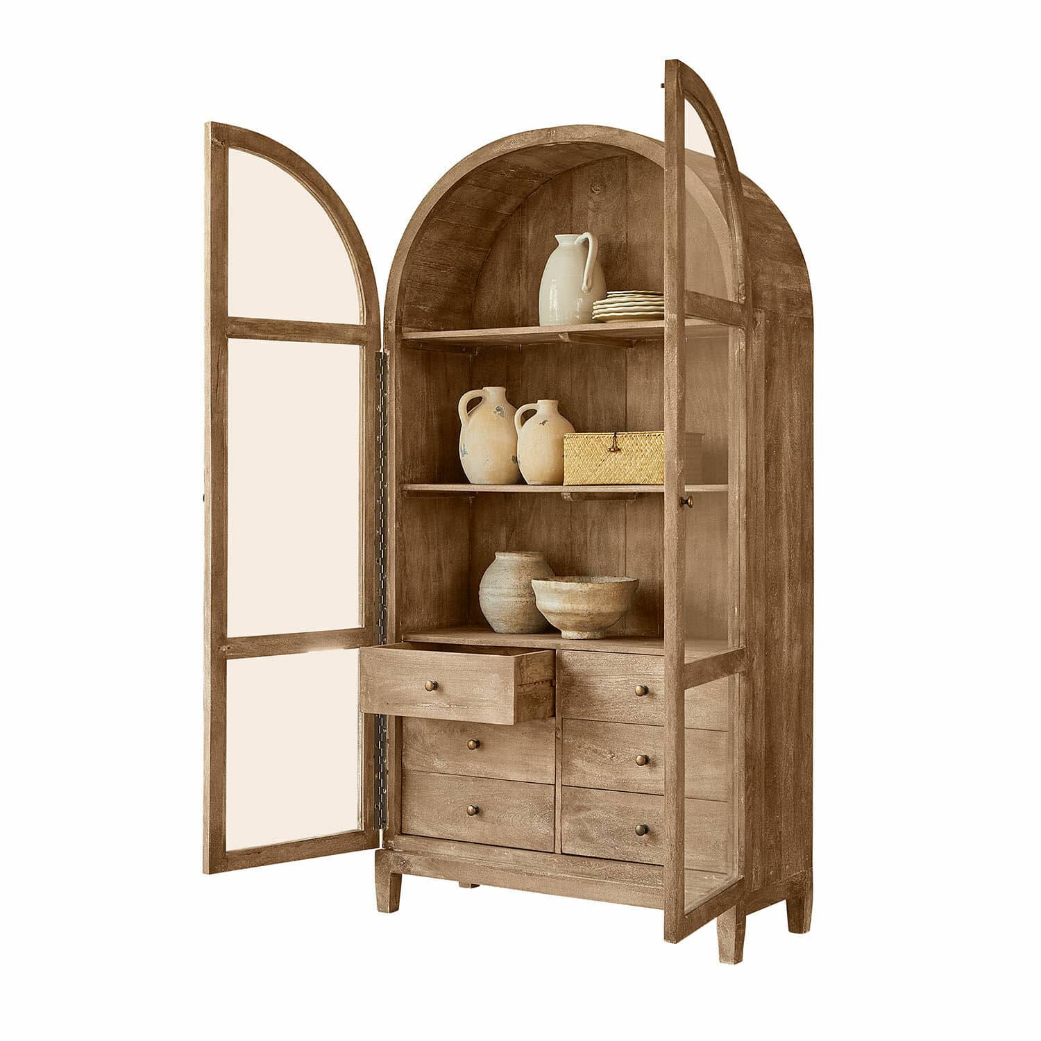 Vaisselier Winscombe Armoire en bois naturel avec portes arrondies et tiroirs, meuble de rangement élégant pour la maison