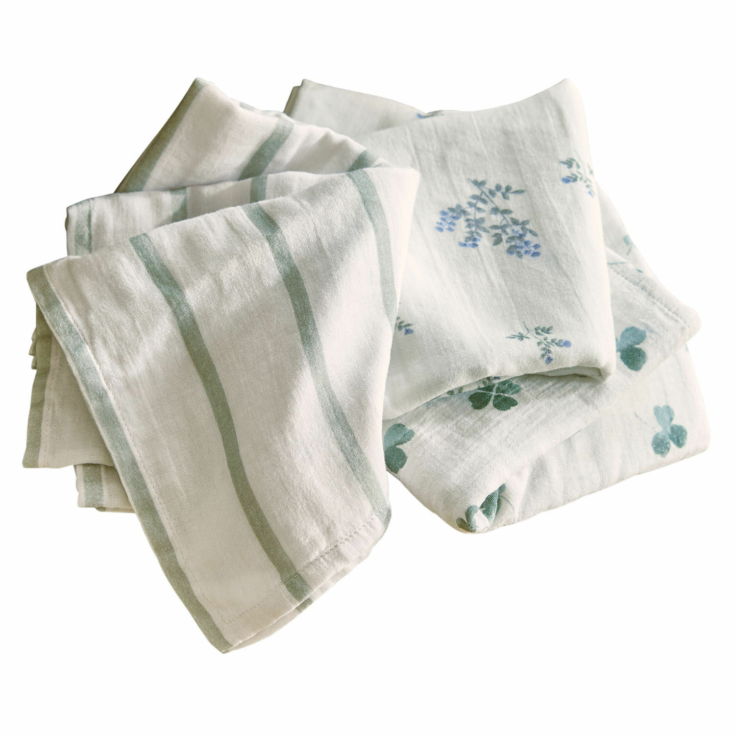Lot de 3 lingettes en mousseline Nymariel Ensemble de torchons en lin blanc avec rayures vertes et motifs floraux pour cuisine
