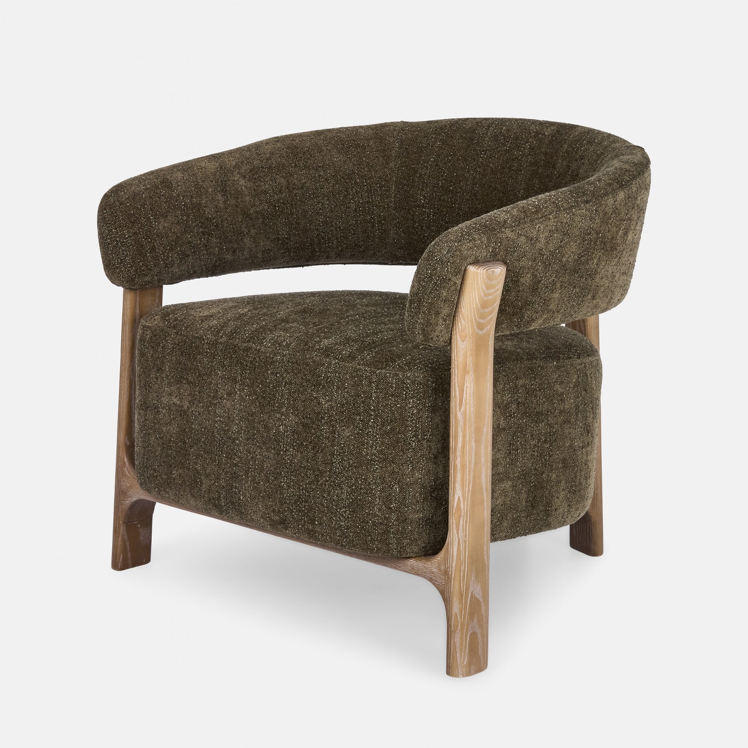 Fauteuil en tissu vert foncé avec cadre en bois, siège confortable pour salon