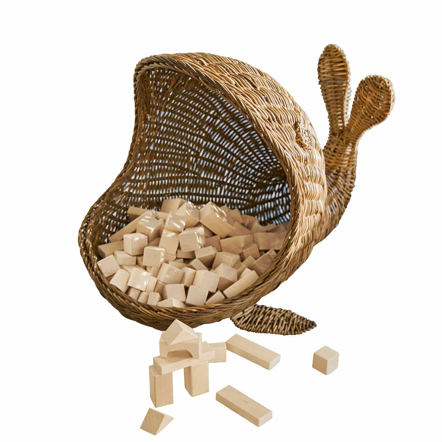 Corbeille Cheruboo Panier en forme d'escargot en osier avec blocs de construction en bois naturel pour enfants