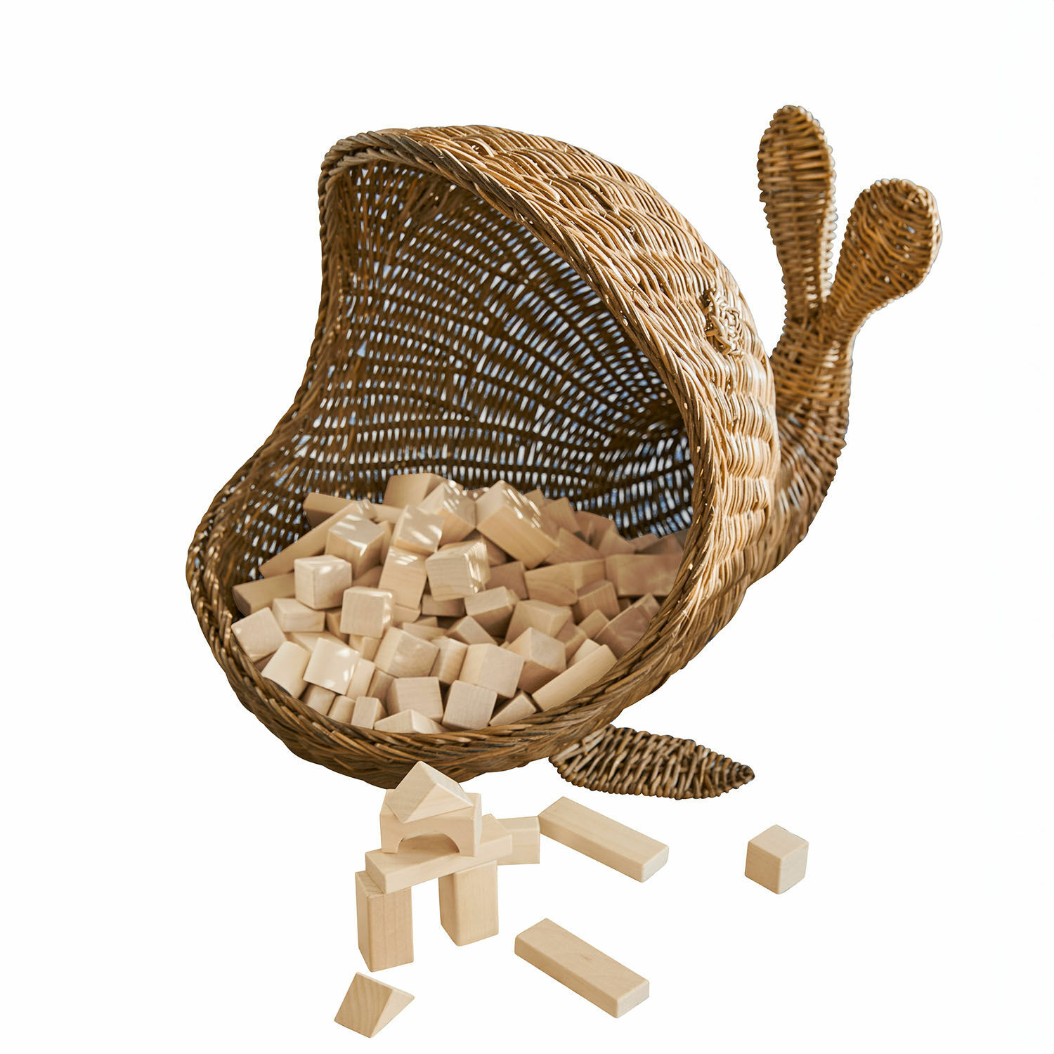 Corbeille Cheruboo Panier en forme d'escargot en osier avec blocs de construction en bois naturel pour enfants