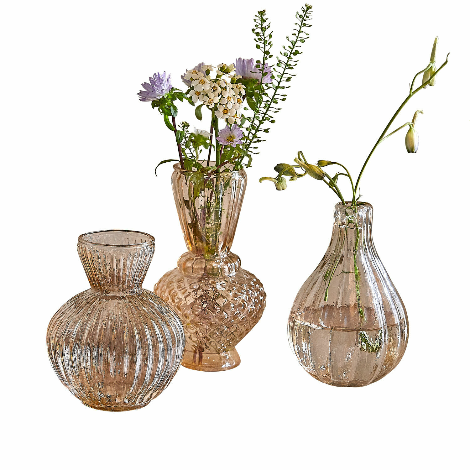 Lot de 3 vases Faunelle Ensemble de trois vases en verre transparent avec fleurs délicates, décoration de table élégante