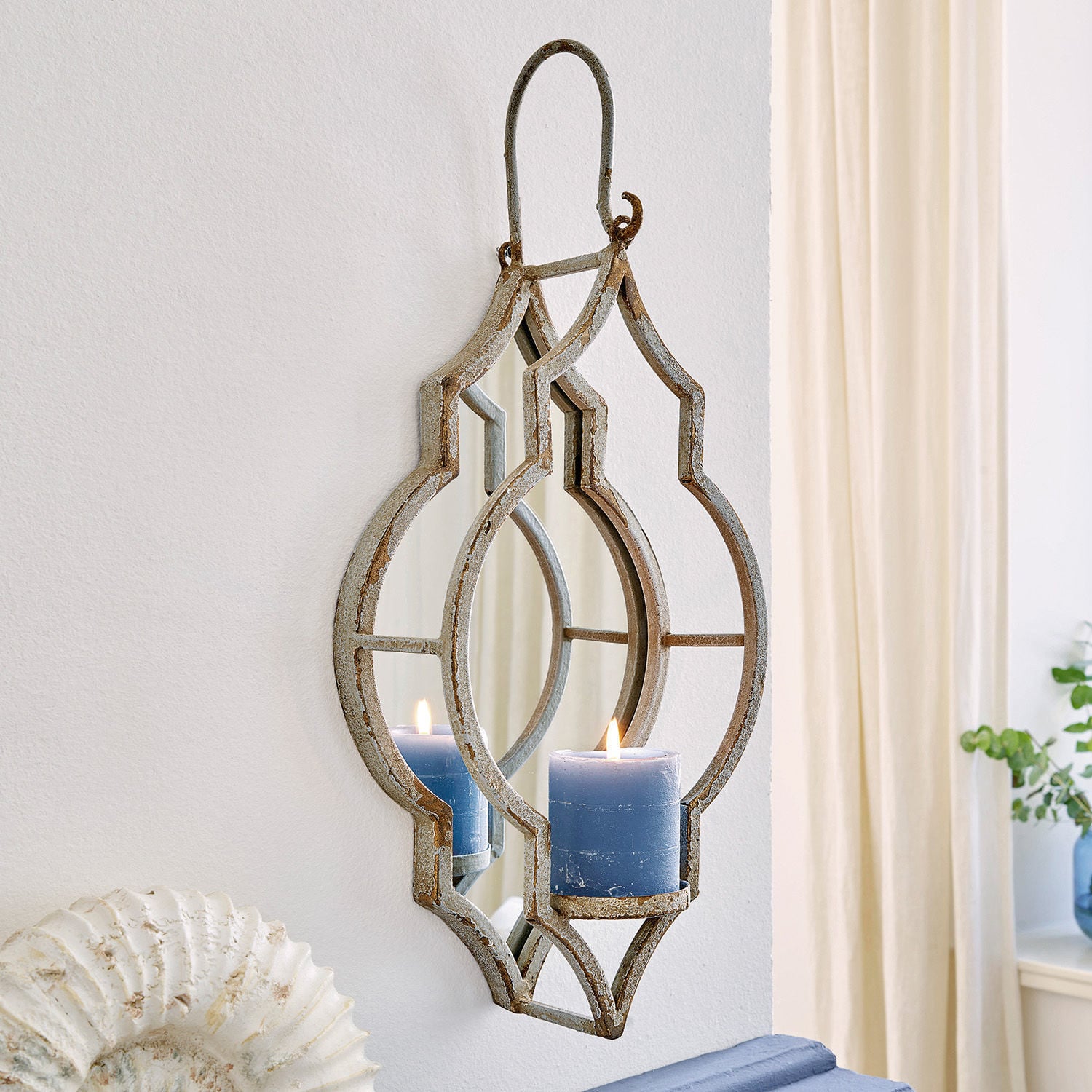 Chandelier mural Salmagne Miroir mural en métal avec bougeoir bleu, décoration vintage pour salon lumineux