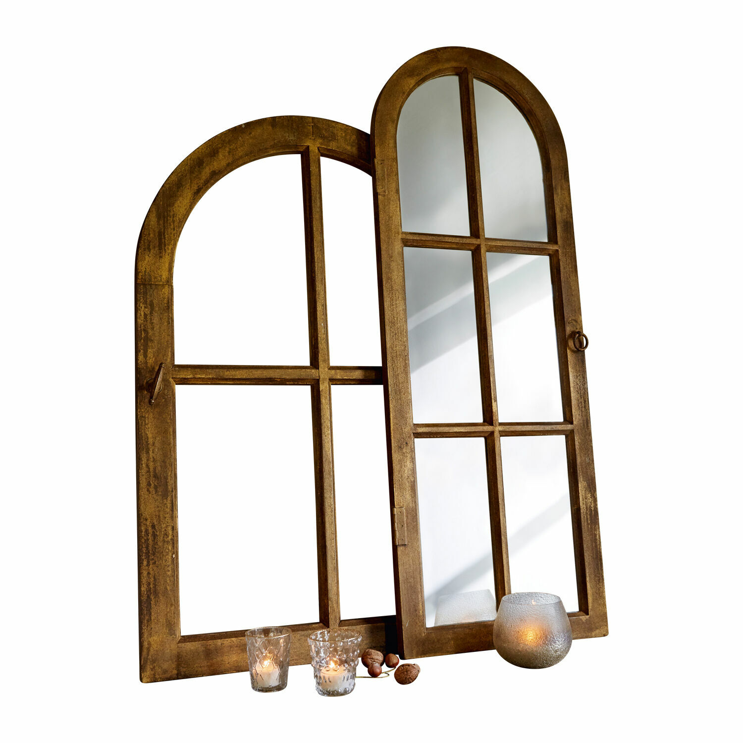 Miroir et fenêtre décorative Crowley Cadre de fenêtre décoratif en bois avec miroir et bougies, style rustique, couleur marron