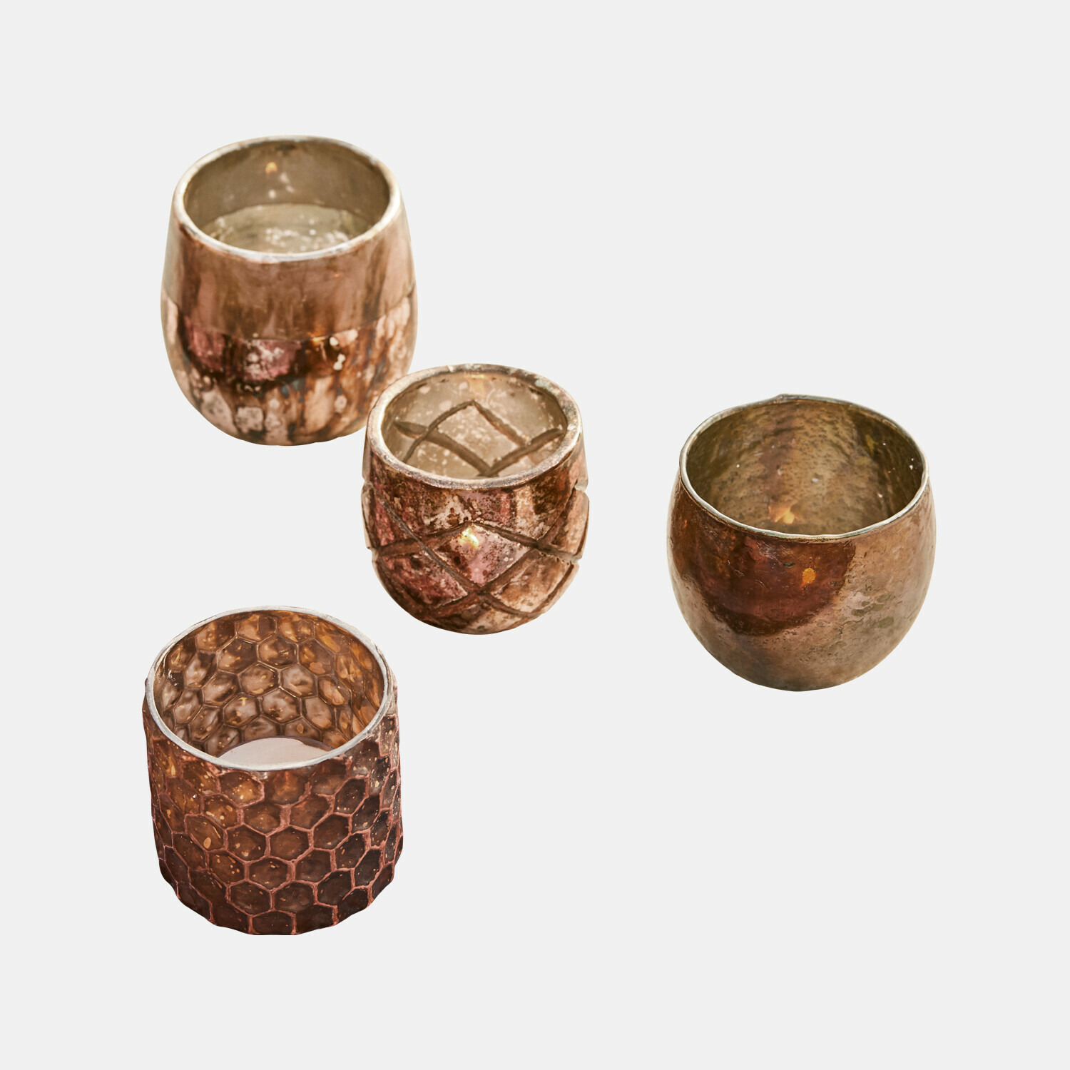 Ensemble de 4 photophores en verre cuivré rose et cuivre pour décoration intérieure