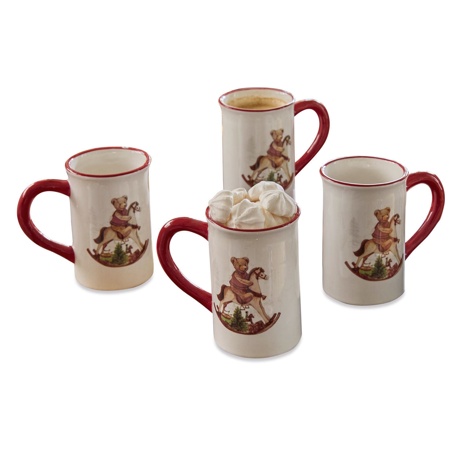 Lot de 4 tasses Troms Ensemble de 4 mugs en céramique avec anse rouge et motif ours sur cheval à bascule