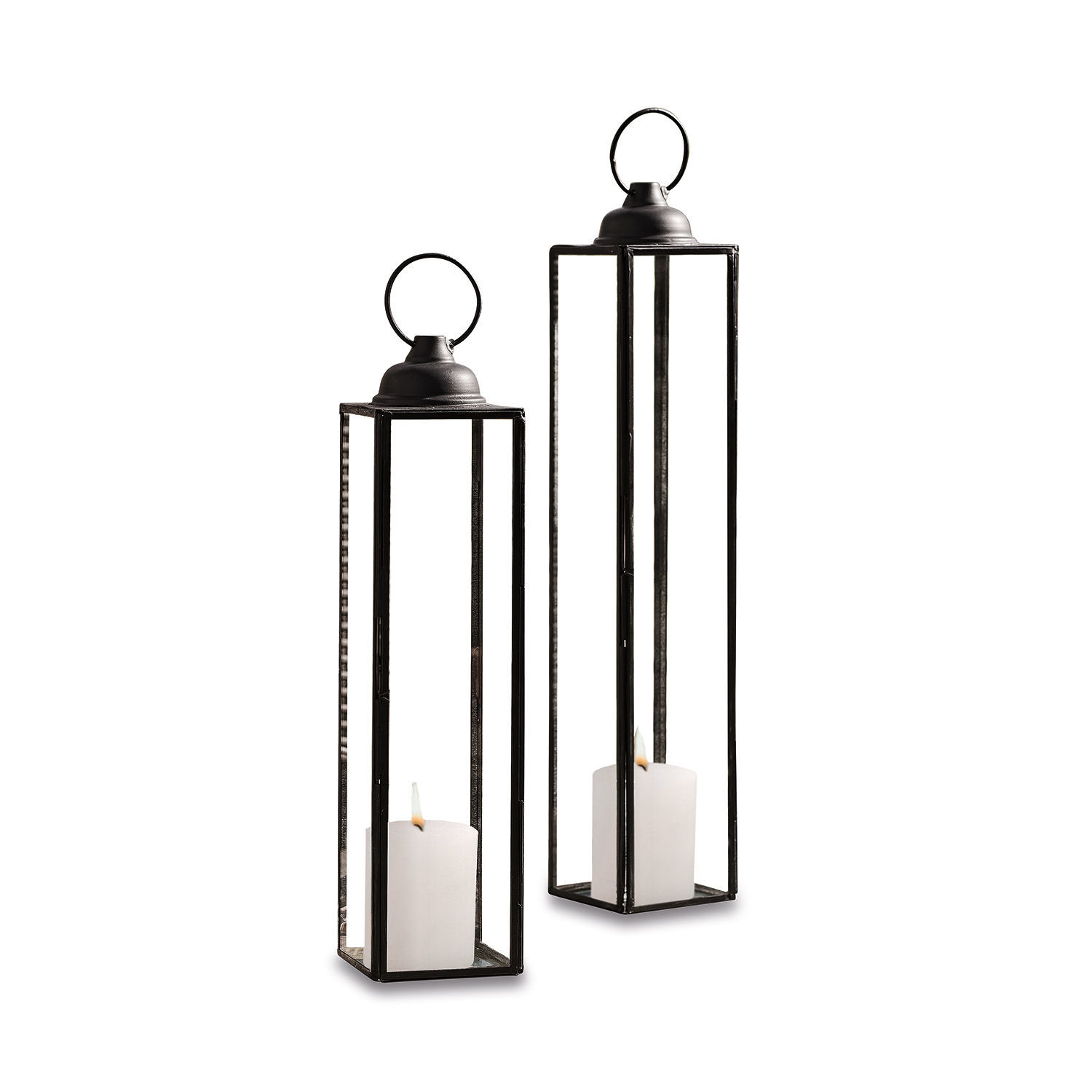 Lot de 2 lanternes Radu Ensemble de deux lanternes en métal noir avec bougies blanches pour décoration intérieure et extérieure
