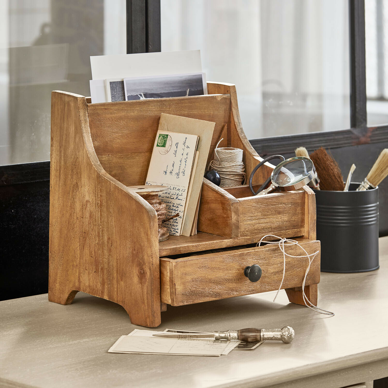 Rangement Cairlena Organisateur de bureau en bois avec tiroir et compartiments pour lettres et accessoires d'écriture