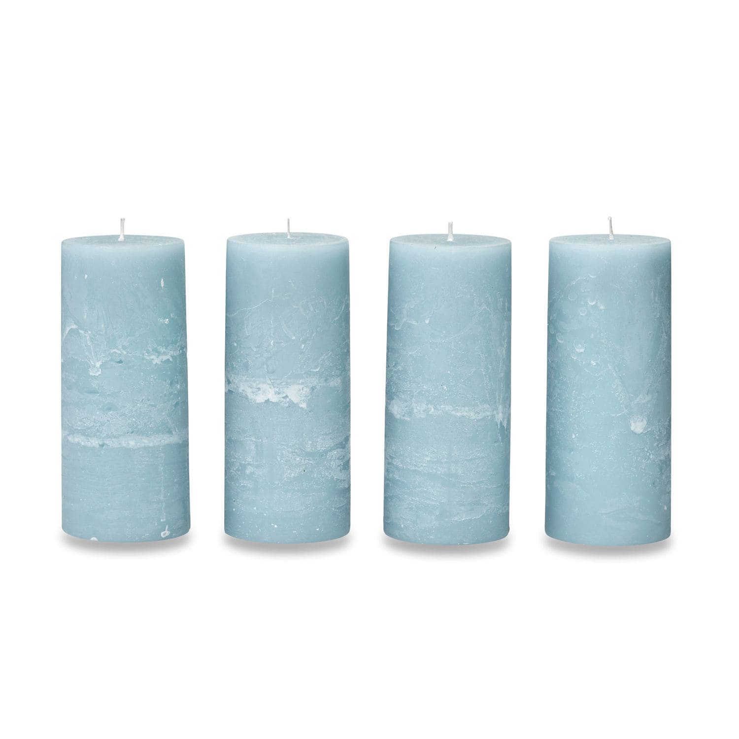bleu Lot de 4 bougies bleues en cire avec texture rustique, décoration intérieure et éclairage.