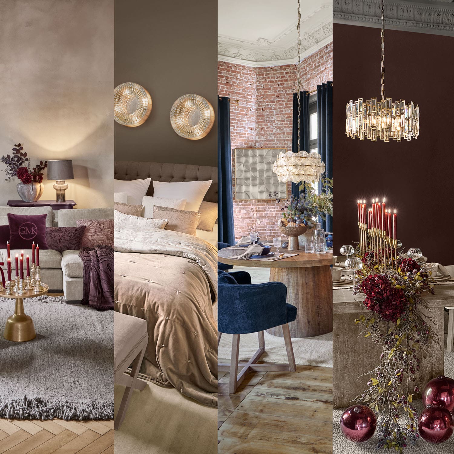 Quatre styles d'intérieur avec luminaires et décorations variées en bois, tissu et métal dans différentes couleurs