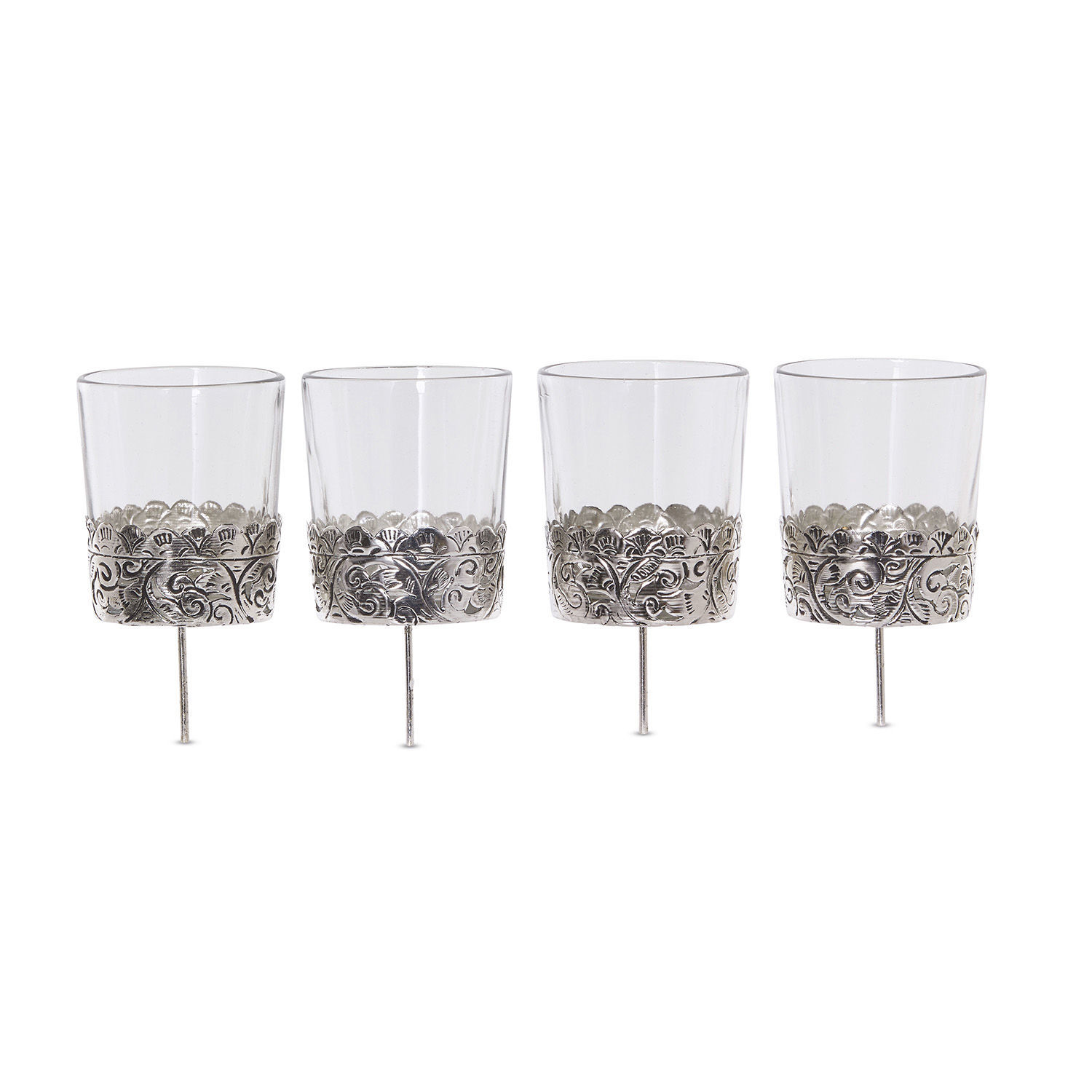 Lot de 4 photophores Pinelle Ensemble de quatre verres avec motif argenté décoratif en bas, verres en verre élégants