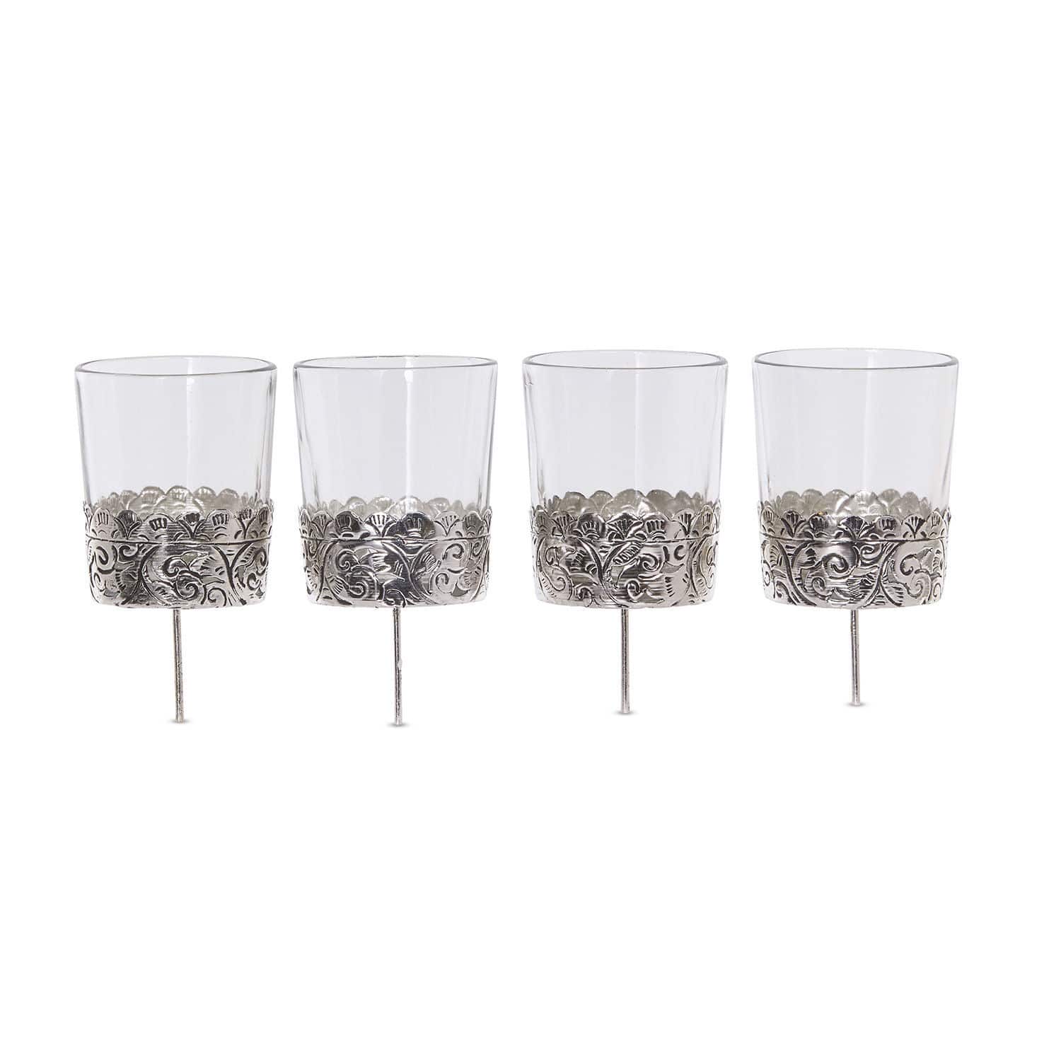 Lot de 4 photophores Pinelle Ensemble de quatre verres avec motif argenté décoratif en bas, verres en verre élégants