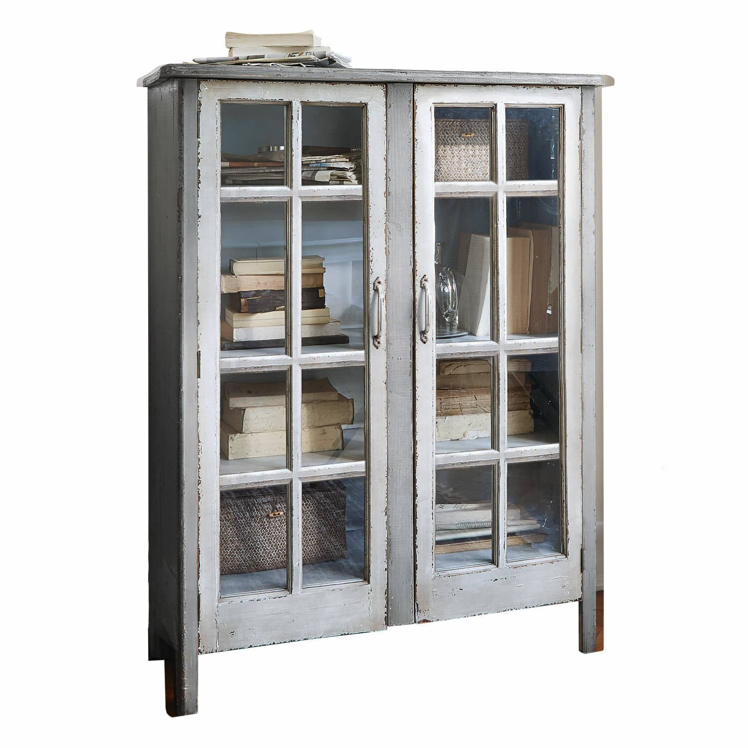 Vitrine Sherman Vitrine en bois gris avec portes vitrées et finition vieillie pour ranger des livres et objets décoratifs
