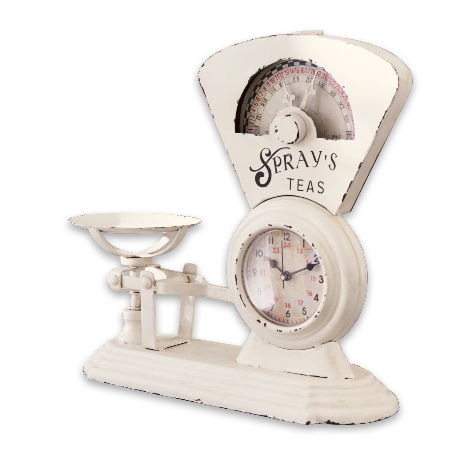 blanc vieilli Balance en métal blanc antique avec horloge et inscription Spray's Teas, décoration vintage cuisine