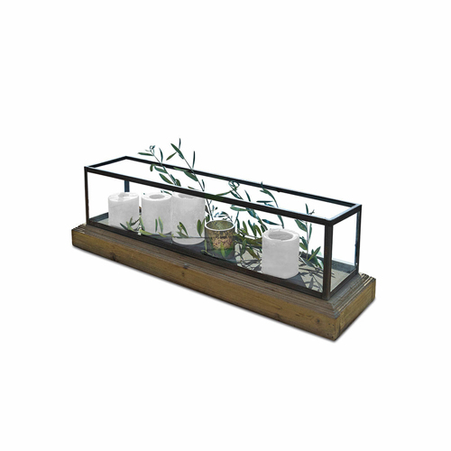 Bougeoir rectangulaire en verre et métal sur base en bois avec décor de feuilles et bougies blanches