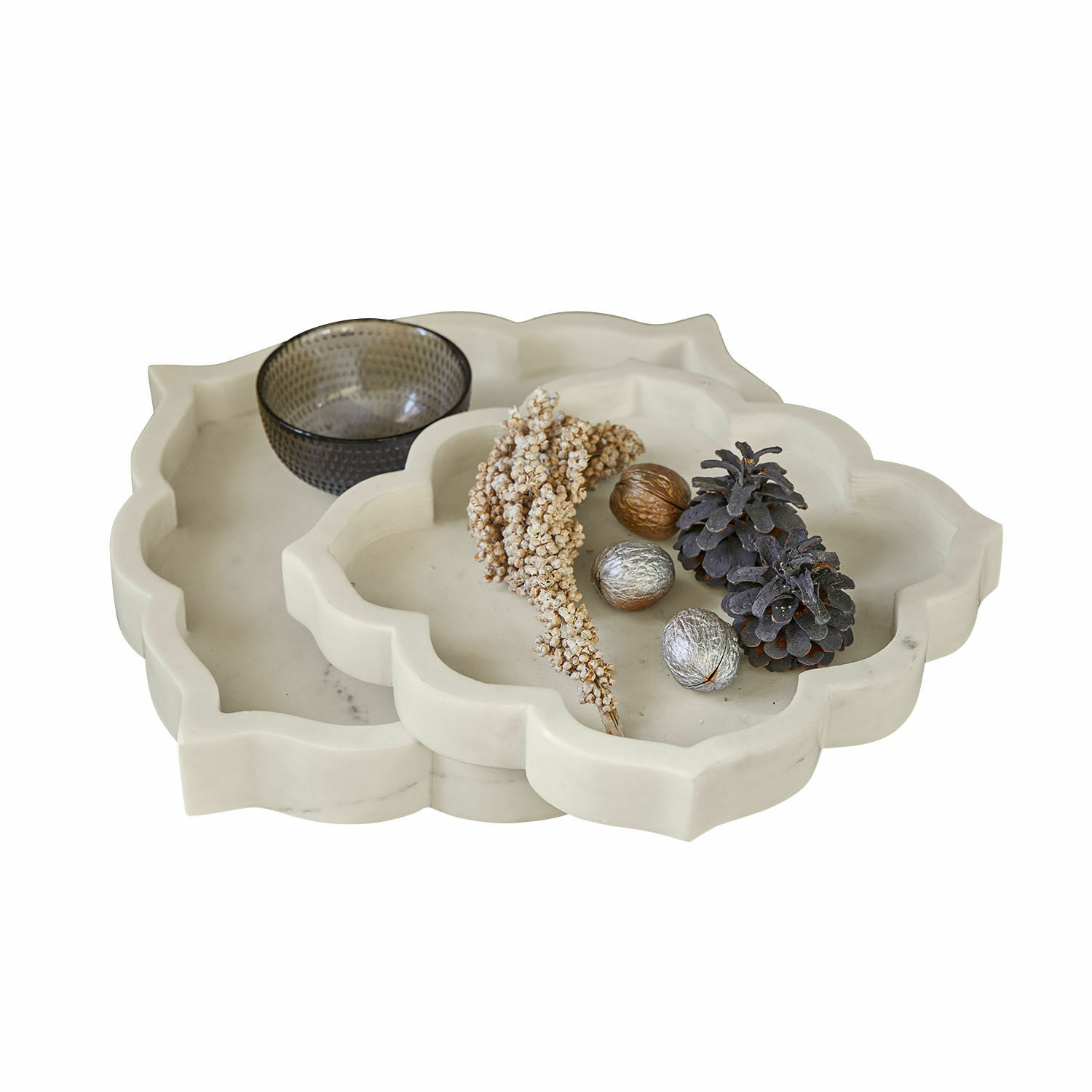 Lot de 2 coupelles plates Melisune Plateaux décoratifs en marbre blanc en forme de fleur avec décorations et bol en verre
