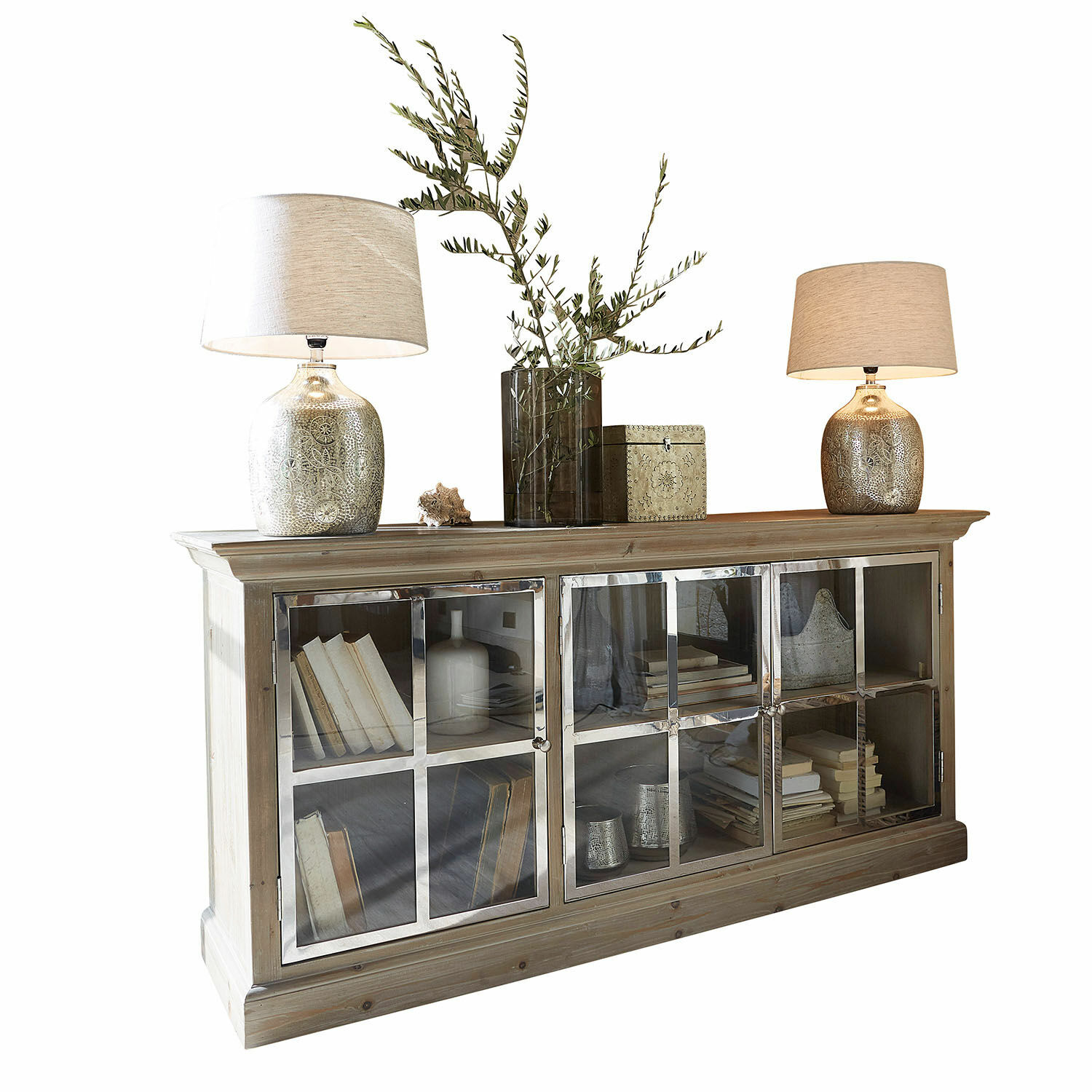 Buffet bas Keyport Buffet en bois avec portes vitrées et lampes décoratives sur le dessus, style rustique