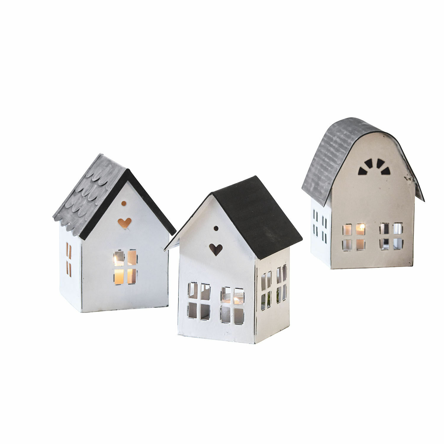 Lot de 3 lanternes Lambray Ensemble de trois lanternes en métal en forme de maison blanche et grise pour décoration intérieure