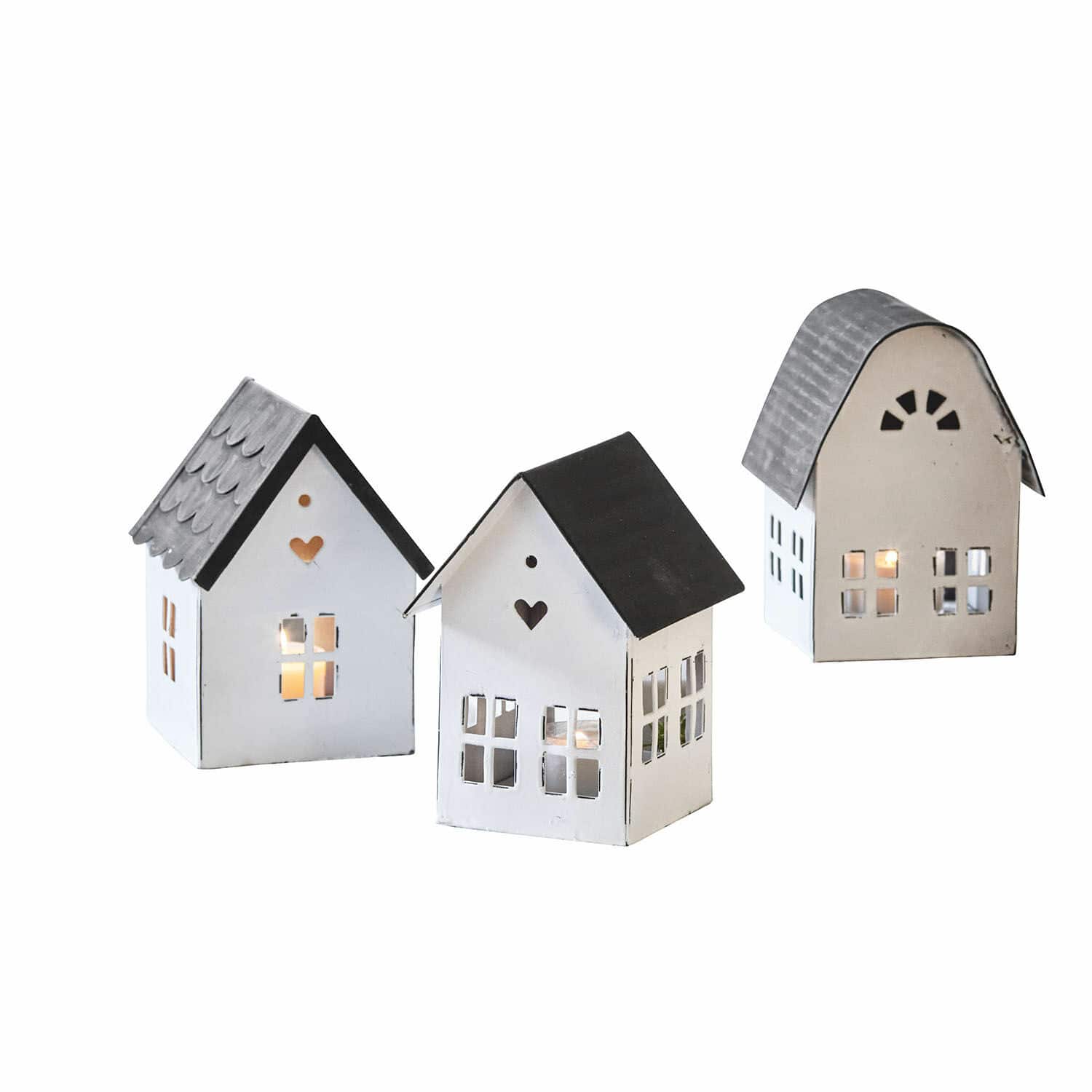 Lot de 3 lanternes Lambray Ensemble de trois lanternes en métal en forme de maison blanche et grise pour décoration intérieure