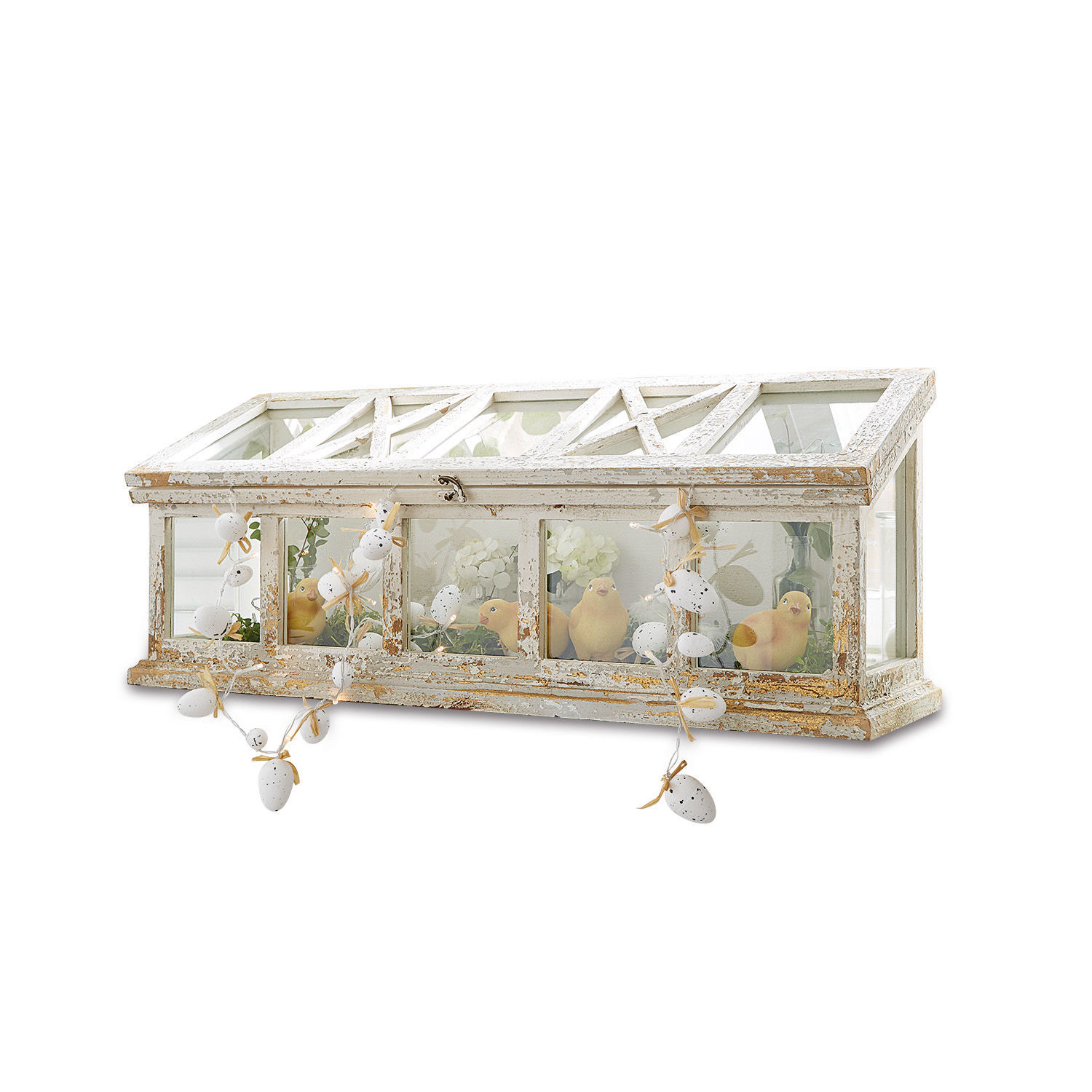 Serre Visastis Serre décorative en bois blanc vieilli avec décorations de Pâques et oiseaux jaunes à l'intérieur