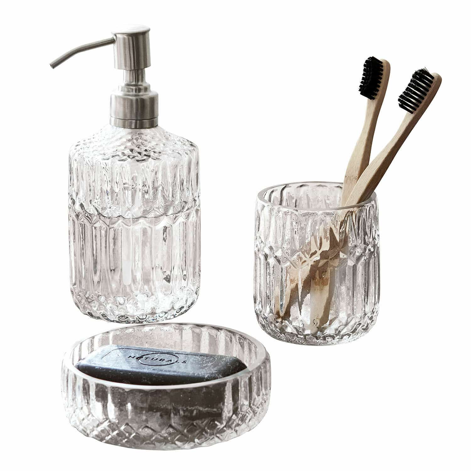 Set de salle de bains Denney Ensemble de salle de bain en verre transparent avec distributeur, gobelet et porte-savon pour brosses à dents