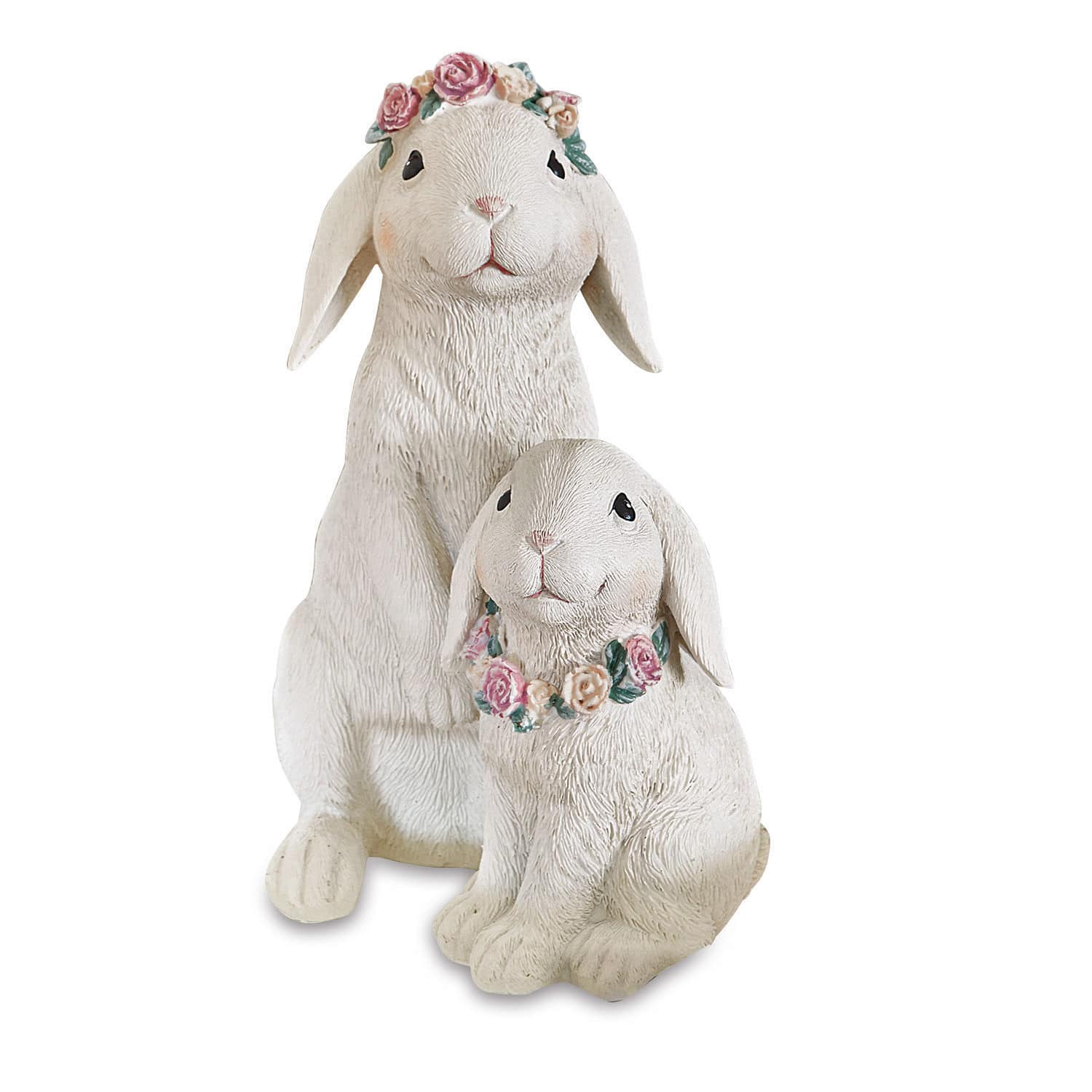 Lapins Sappos Deux figurines de lapins blanches en résine avec couronnes de fleurs roses, décoration intérieure et extérieure