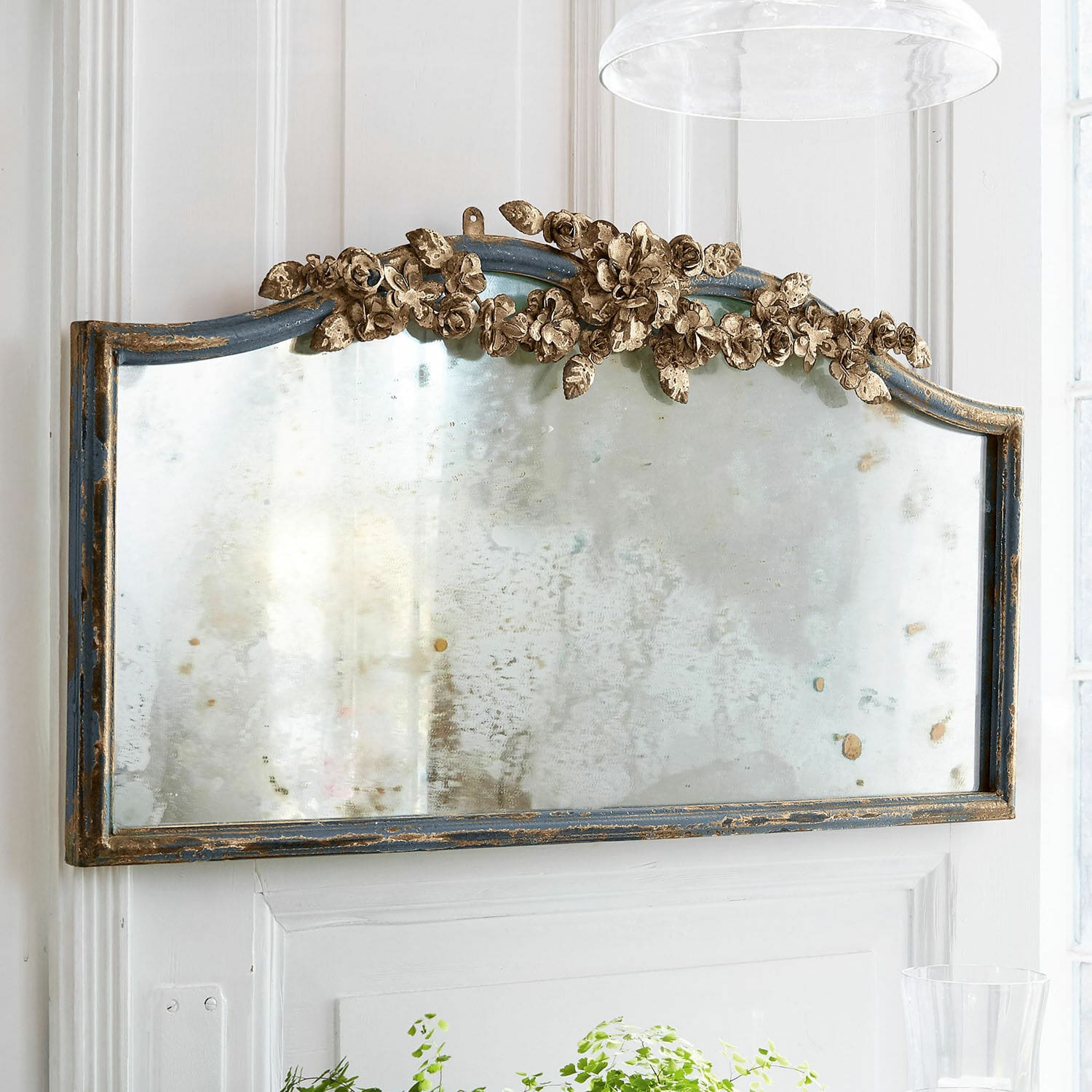 Miroir Juliers Miroir mural ancien avec cadre bleu et ornements floraux dorés pour décoration intérieure vintage