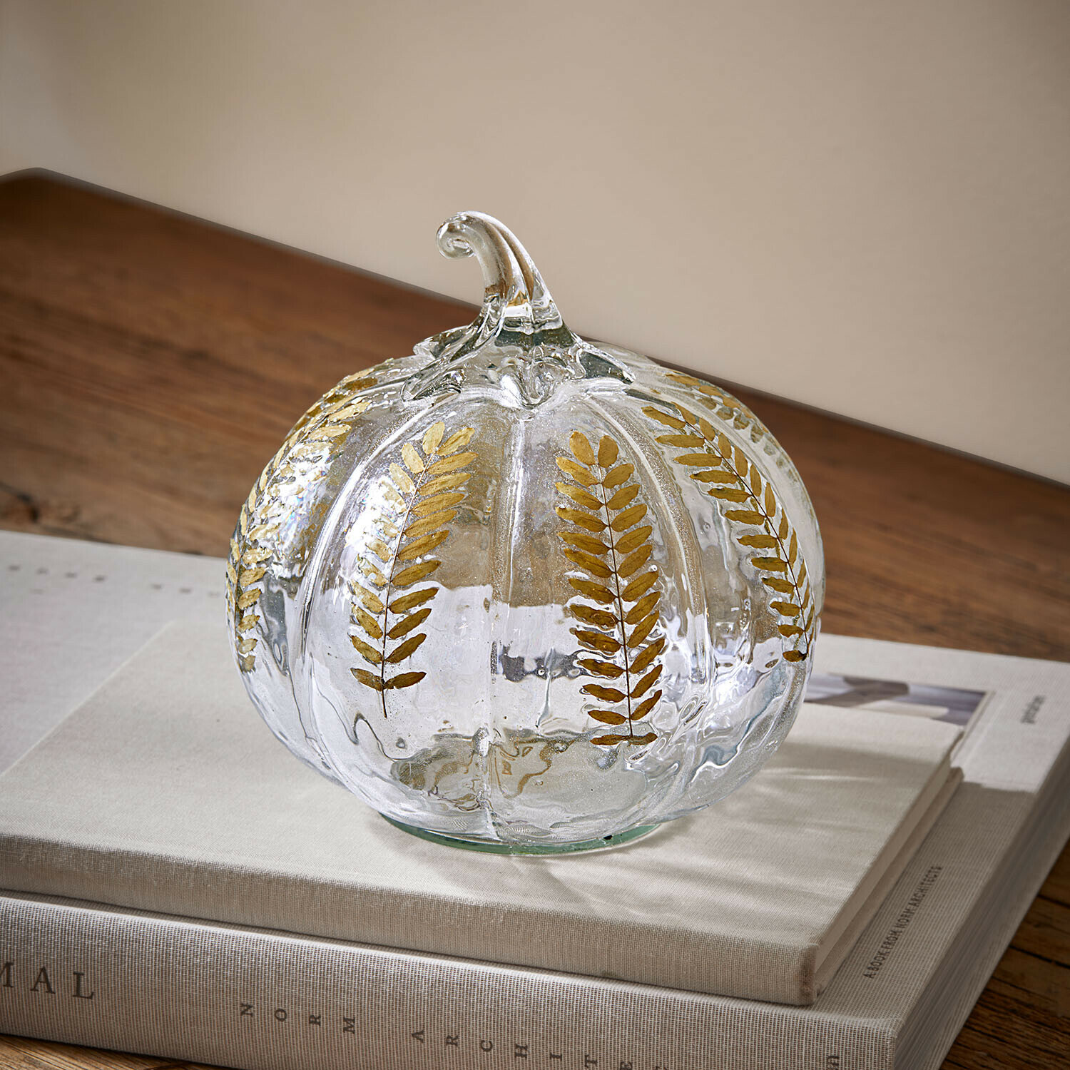 Citrouille Émurise Décoration citrouille en verre transparent avec feuilles dorées, ornement élégant pour table automnale