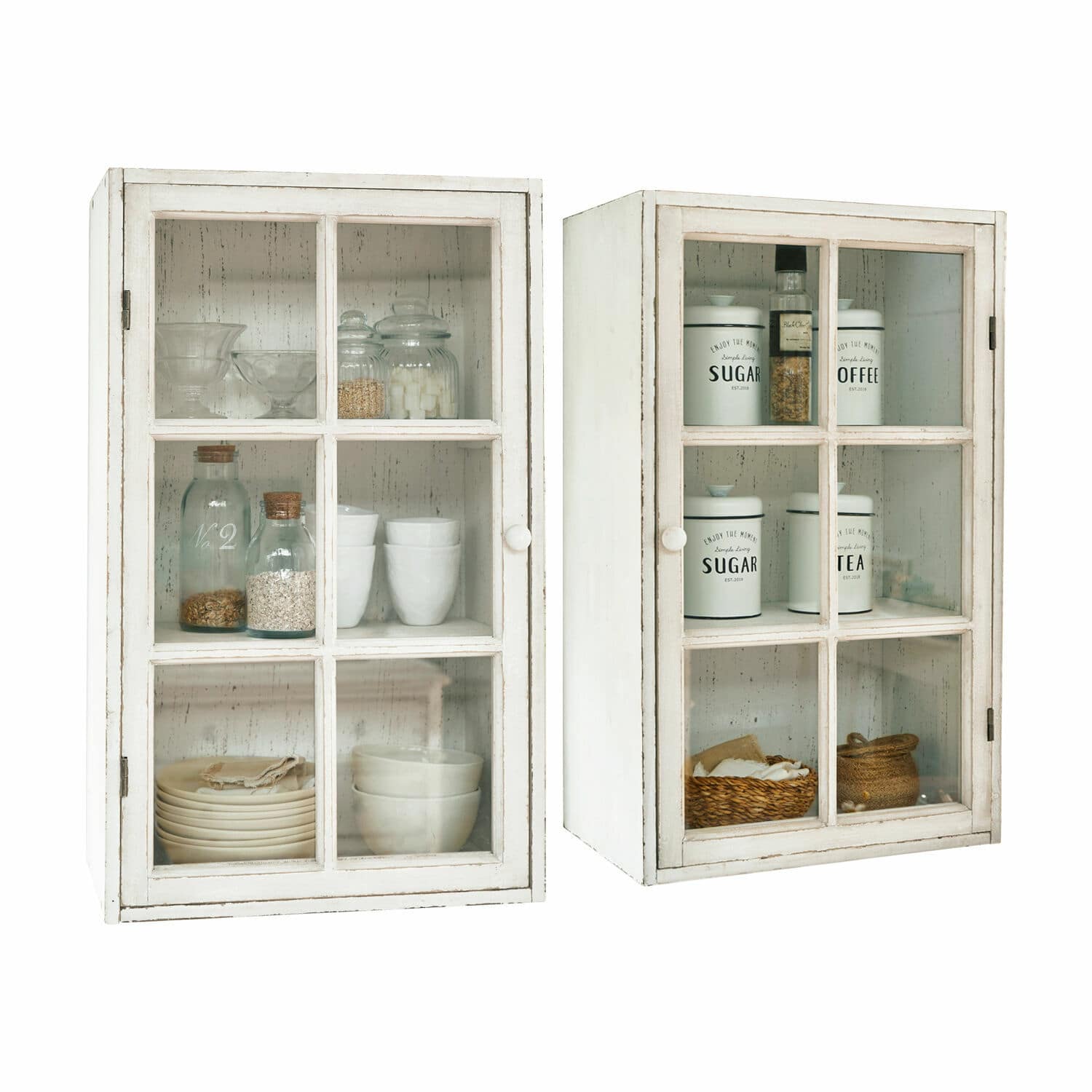 Lot de 2 armoires suspendues Piavo Armoires de cuisine blanches en bois avec portes vitrées et contenants pour thé et sucre