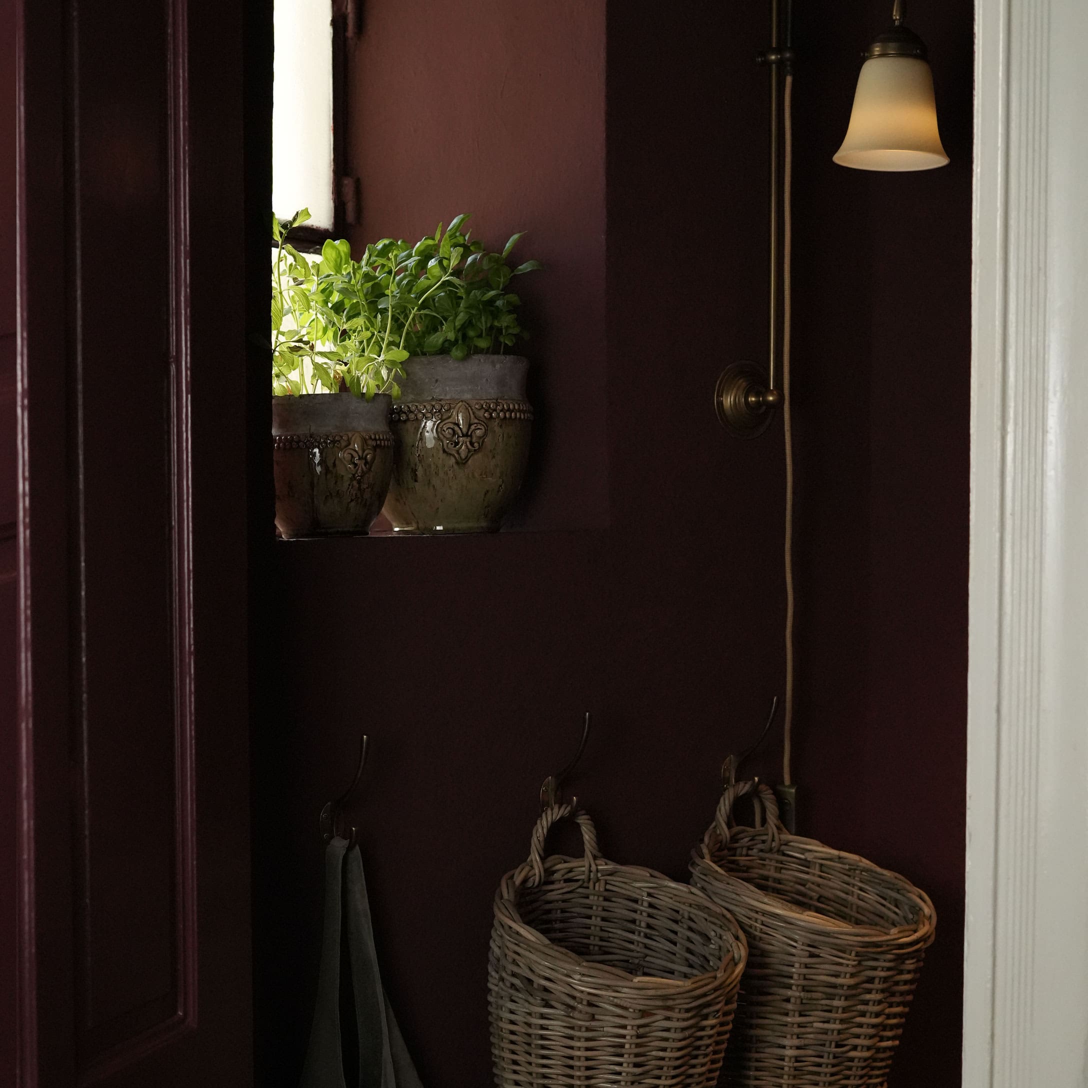 Deux pots en céramique avec plantes vertes sur un mur bordeaux et une applique murale avec abat-jour en verre dépoli