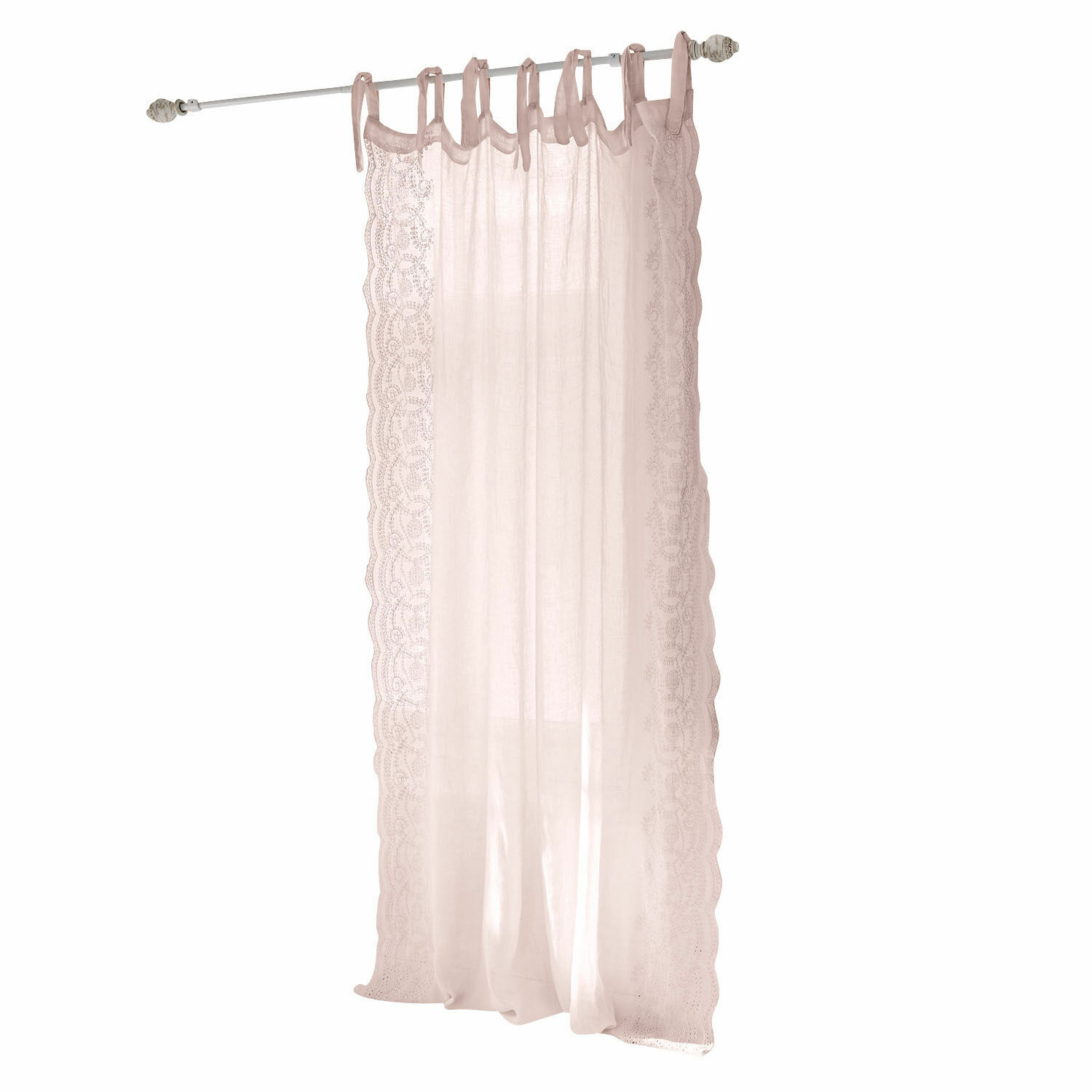 Voilage Esmera Voilage transparent en lin rose avec bordures en dentelle et attaches à nouer