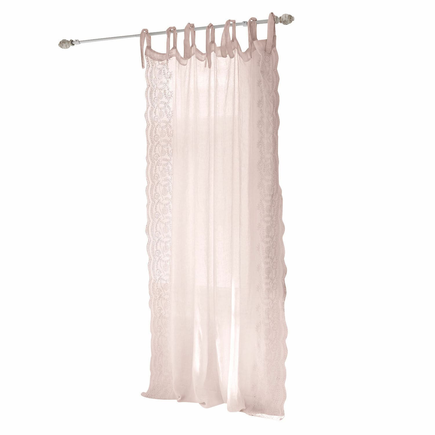 Voilage Esmera Voilage transparent en lin rose avec bordures en dentelle et attaches à nouer