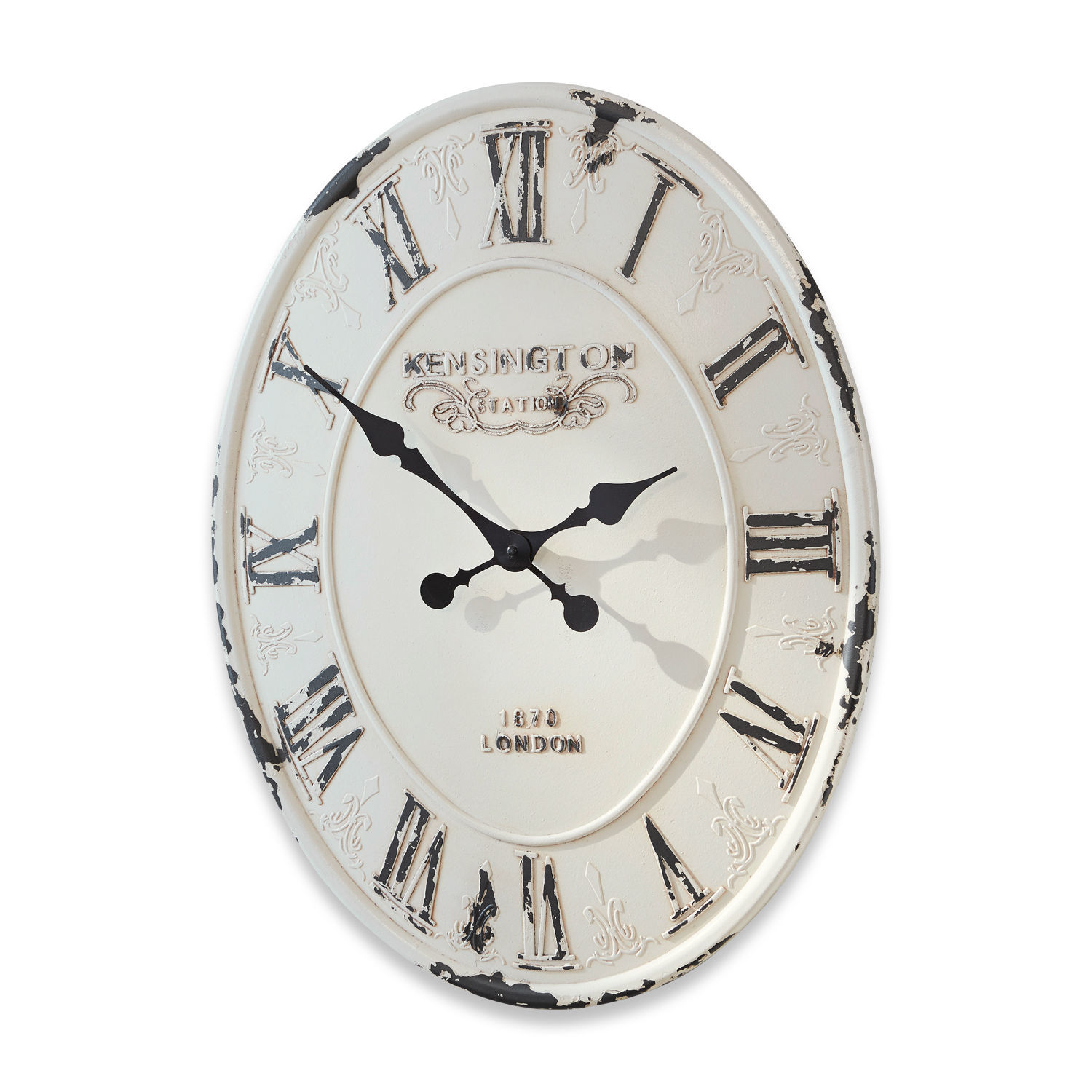Horloge Soulières Horloge murale ronde en métal blanc style vintage avec chiffres romains noirs et effet vieilli décoratif
