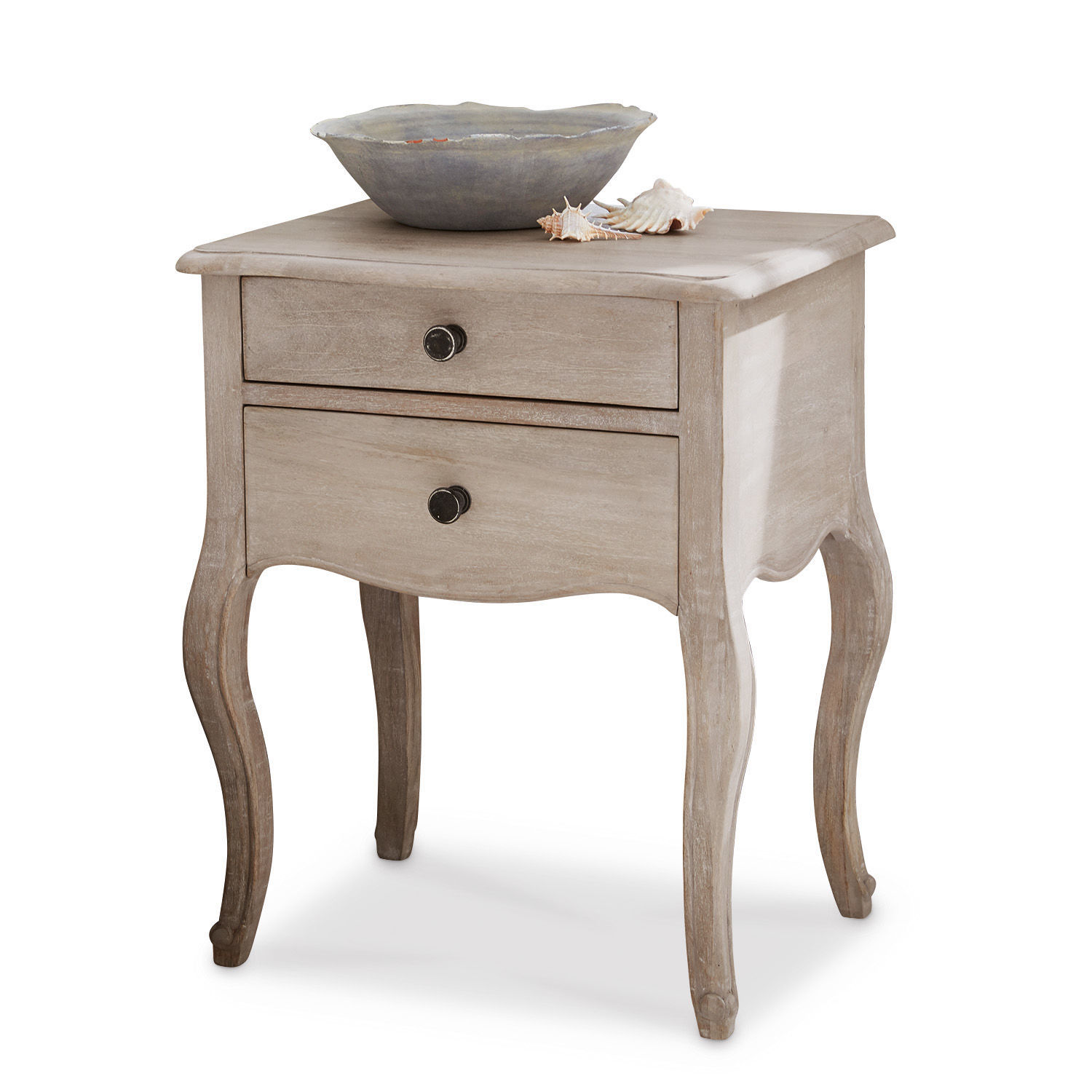 Table de chevet Egri Table de chevet en bois gris avec deux tiroirs et pieds sculptés, meuble de chambre élégant