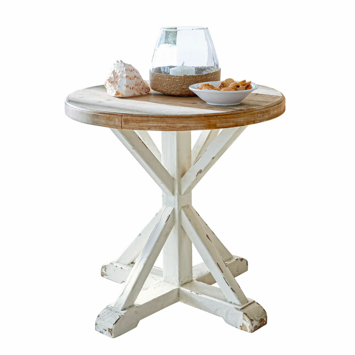 Table d’appoint Frapelle Table ronde en bois de manguier avec base blanche vieillie, décorée d'un coquillage et d'un photophore