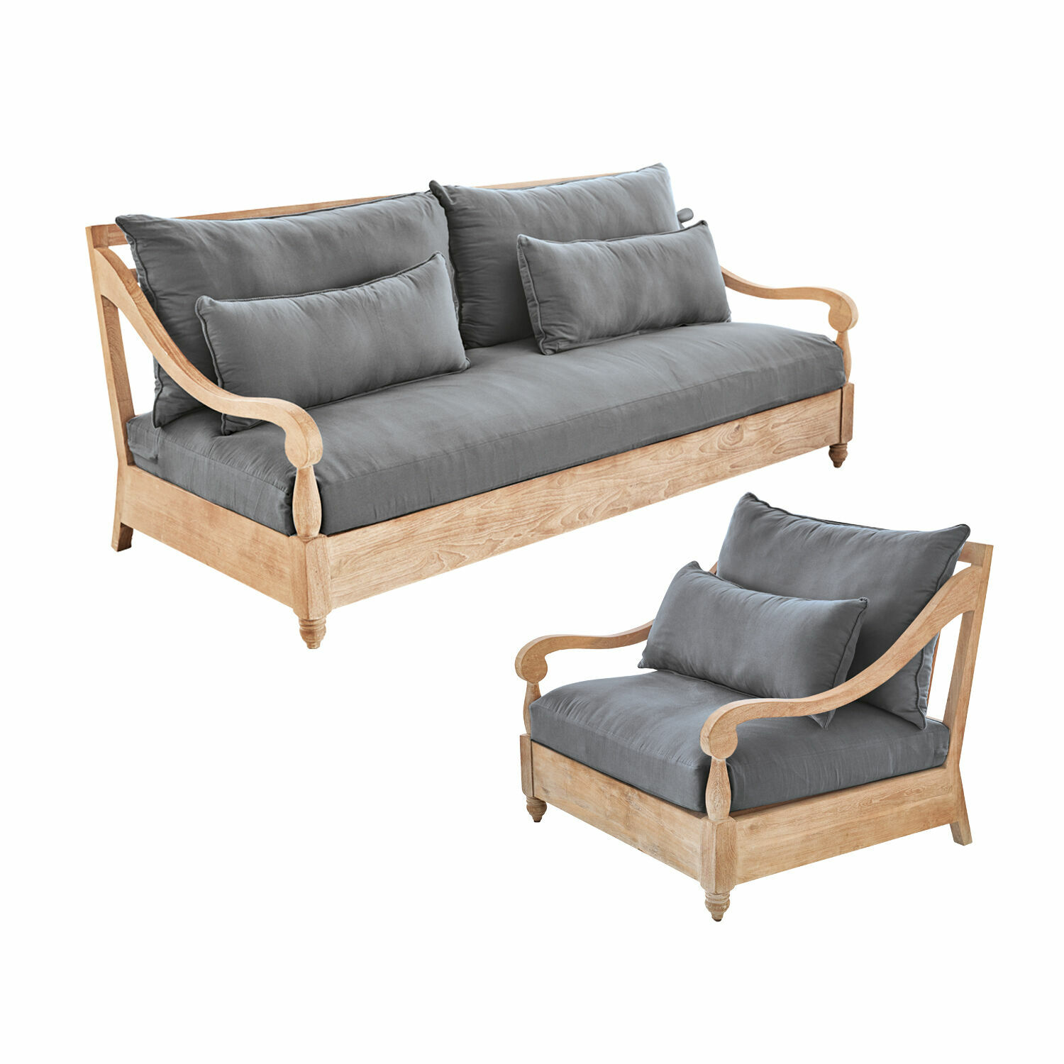 Salon de jardin Montcassin Ensemble canapé et fauteuil en bois clair avec coussins gris, mobilier confortable pour salon