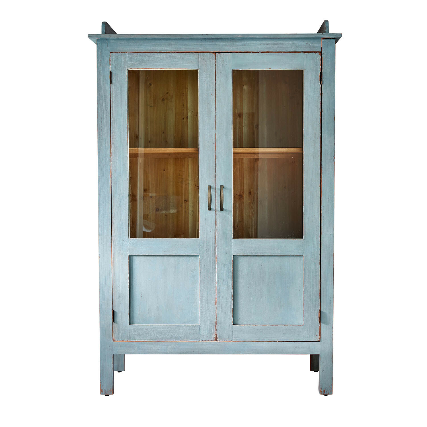 bleu vieilli Vitrine en bois bleu antique avec portes vitrées et étagère intérieure pour rangement