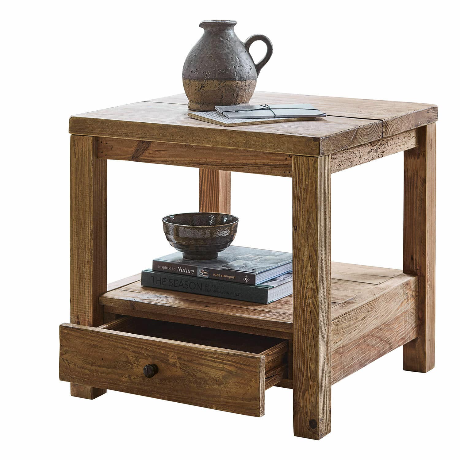 Table d’appoint Iven Table carrée en bois naturel avec tiroir et étagère, meuble de salon rustique