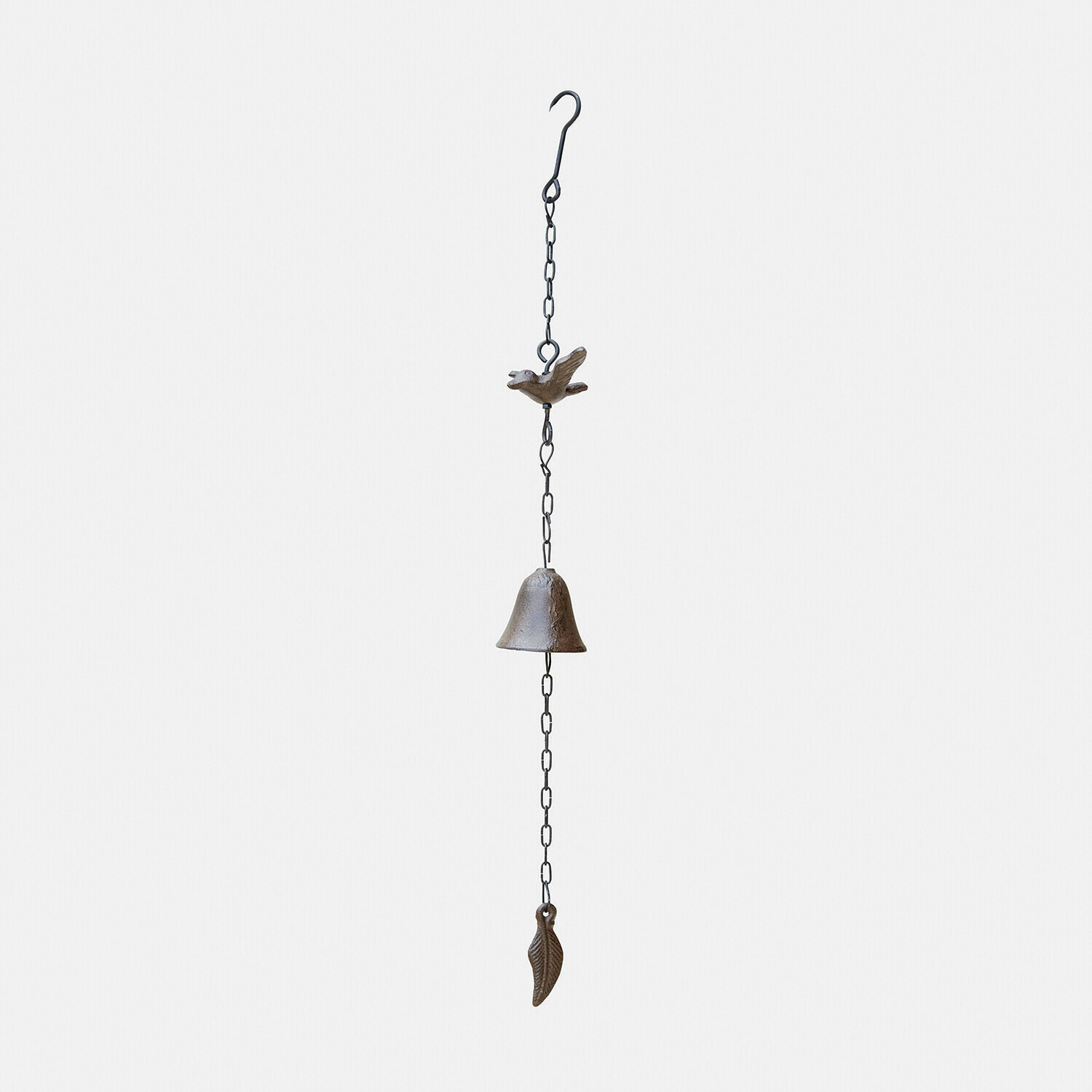 Carillon éolien Grelonne Cloche en métal brun avec chaîne, oiseau et feuille pour décoration extérieure