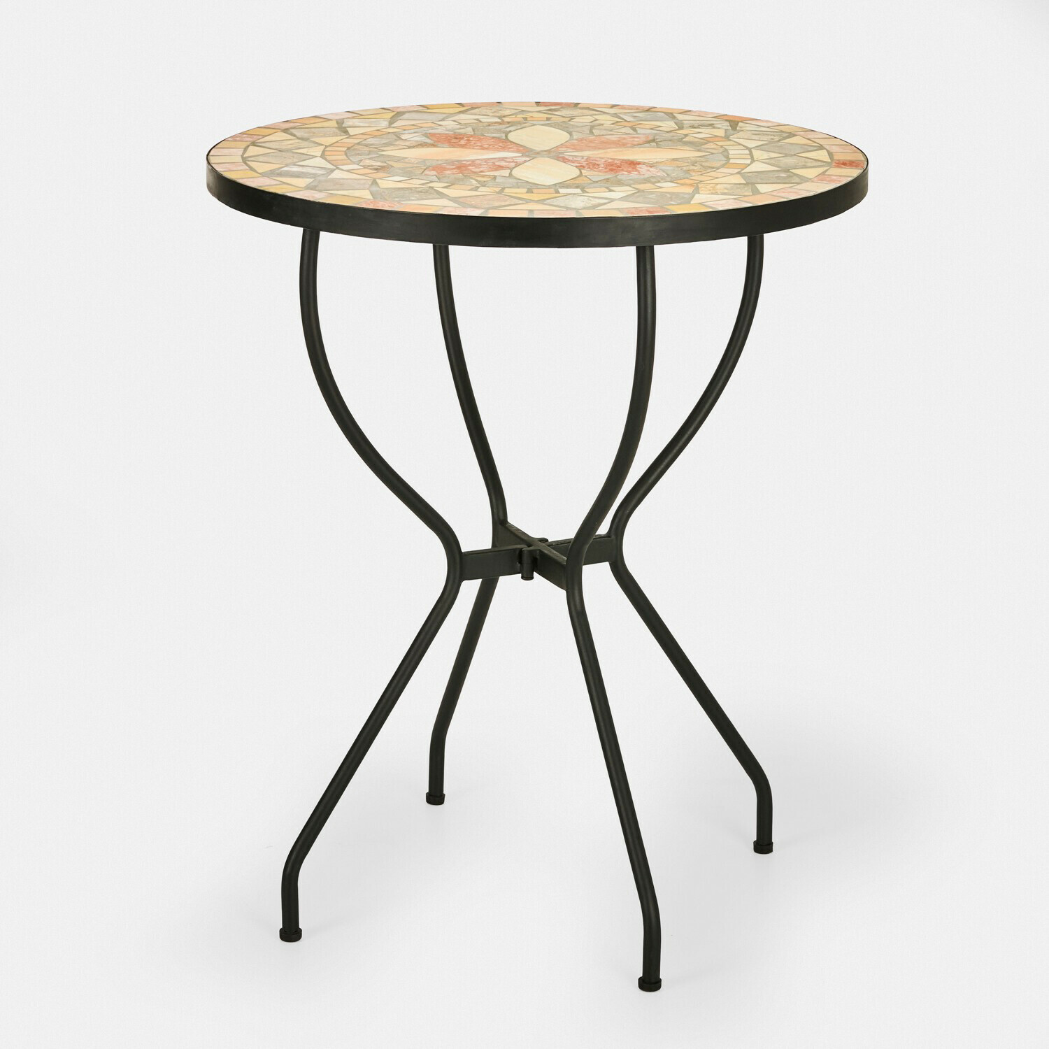Table Oleanders Table ronde avec plateau en mosaïque de pierre et pieds en métal noir pour jardin