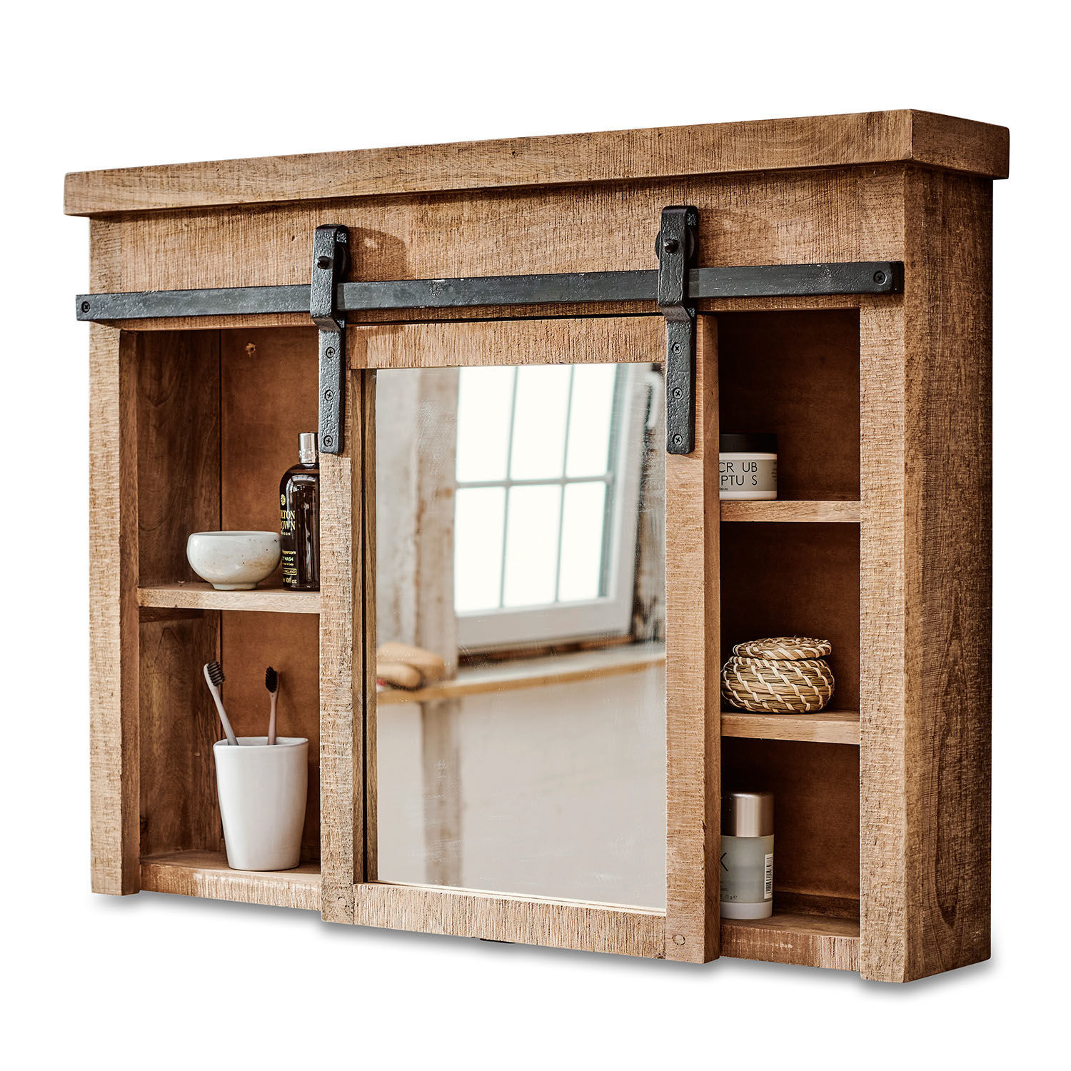 Armoire de toilette Taylors Island Armoire de salle de bain en bois avec miroir et poignée en métal, style rustique, couleur naturelle