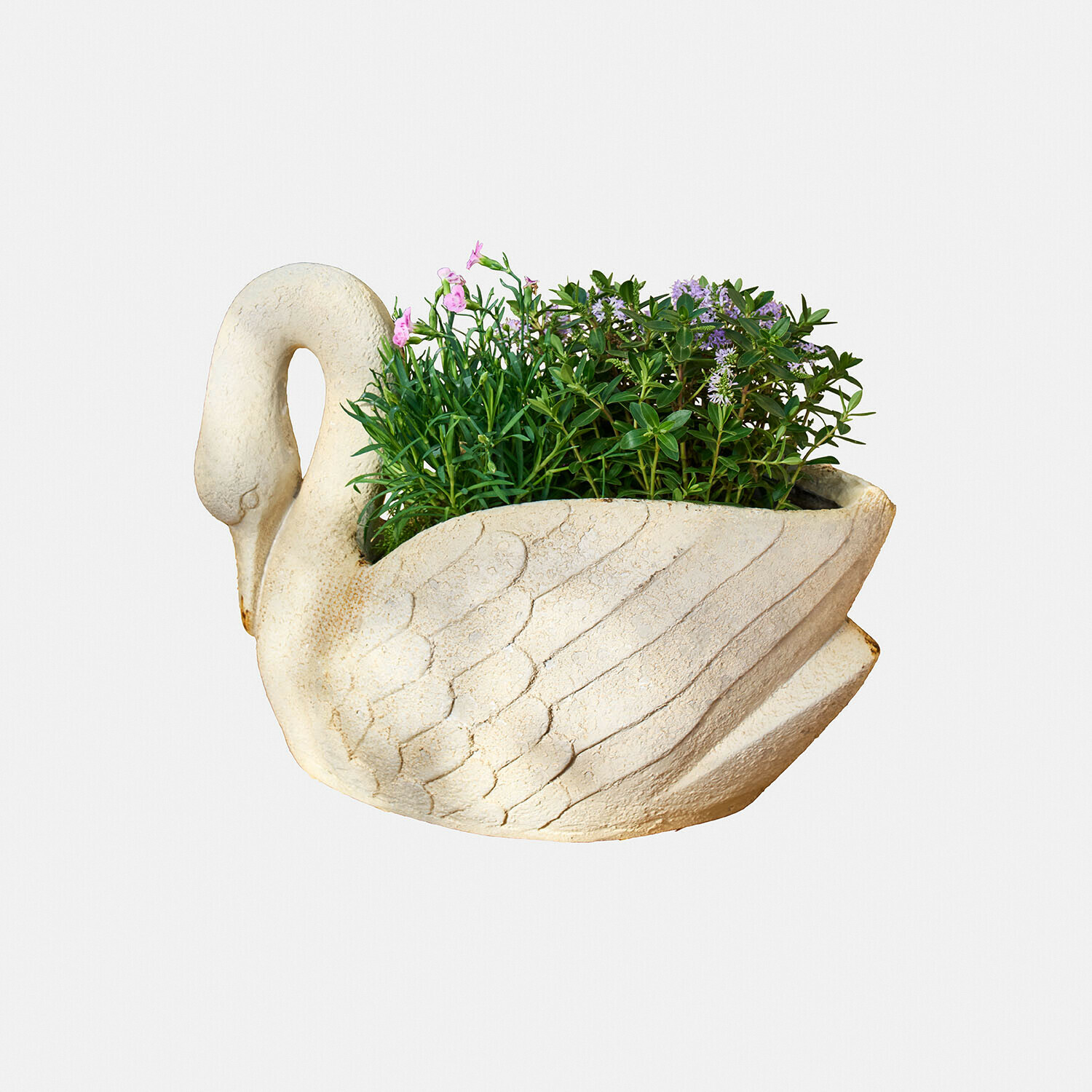 Cache-pot Belmarie Jardinière en forme de cygne en pierre claire avec plantes vertes et fleurs violettes pour décoration extérieure