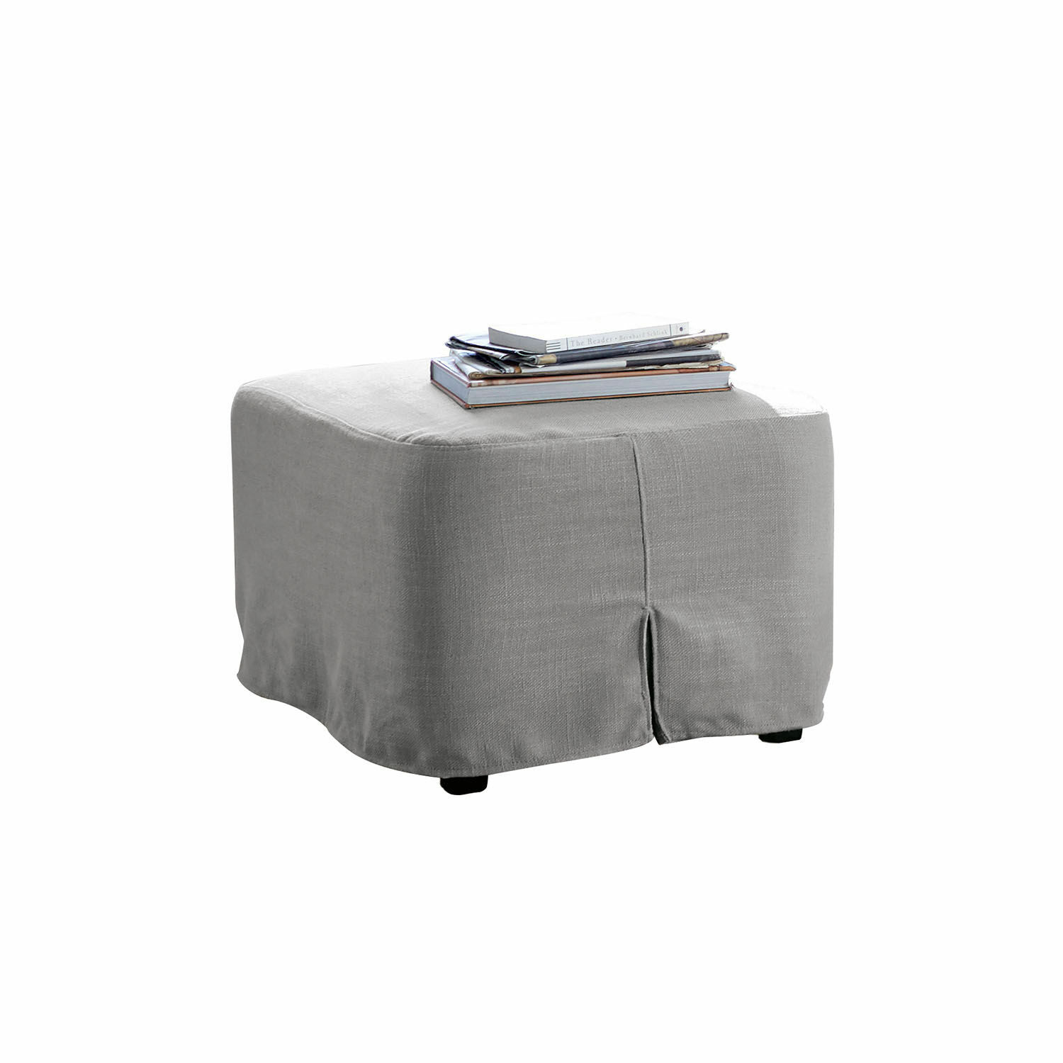 Pouf gris en tissu avec des livres posés dessus, meuble pratique pour salon