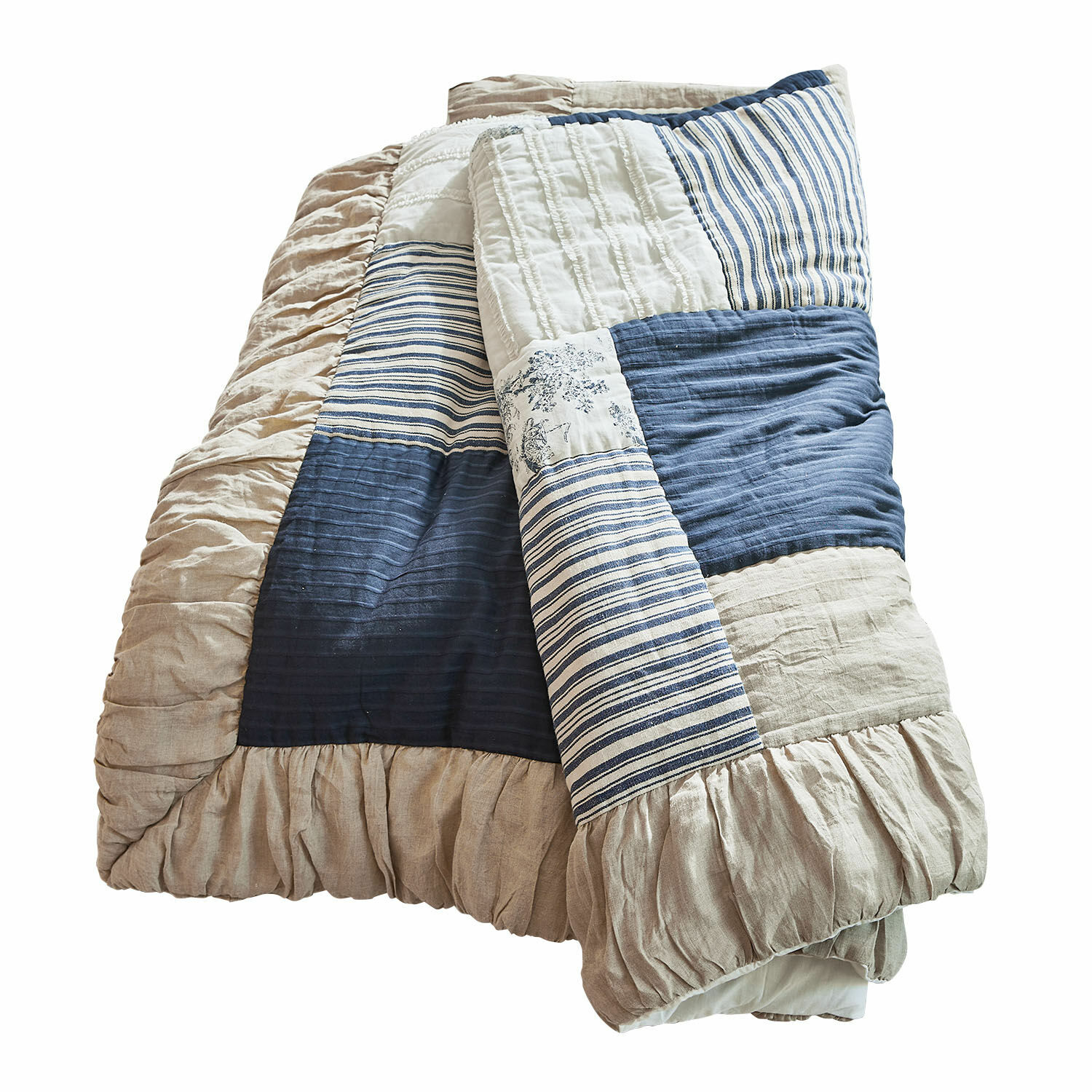Courtepointe Felencio Couette patchwork en coton et lin beige et bleu, textile décoratif pour chambre, style rustique