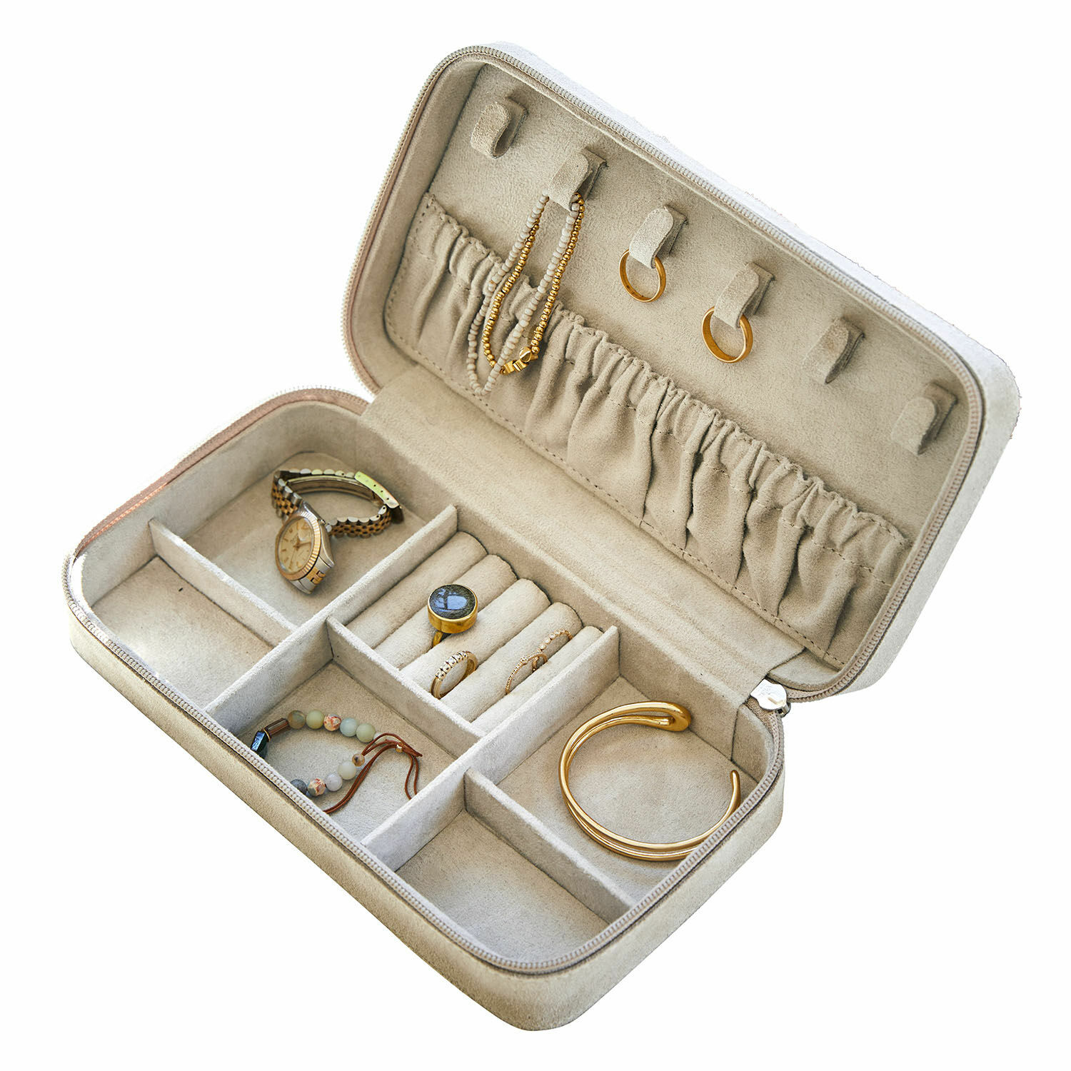 Coffret à bijoux Angelique Écrin à bijoux beige en suédine avec compartiments et accessoires dorés pour ranger bagues et bracelets