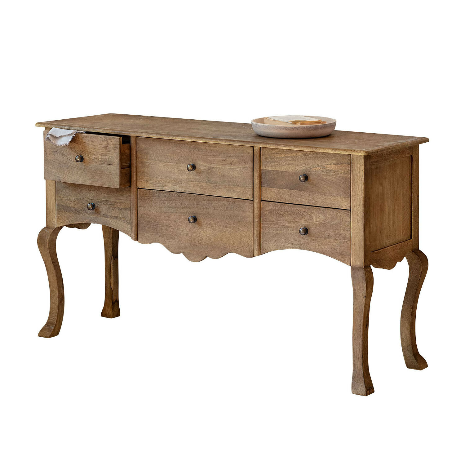 Commode Norelia Console en bois de manguier naturel avec cinq tiroirs et pieds sculptés décoratifs