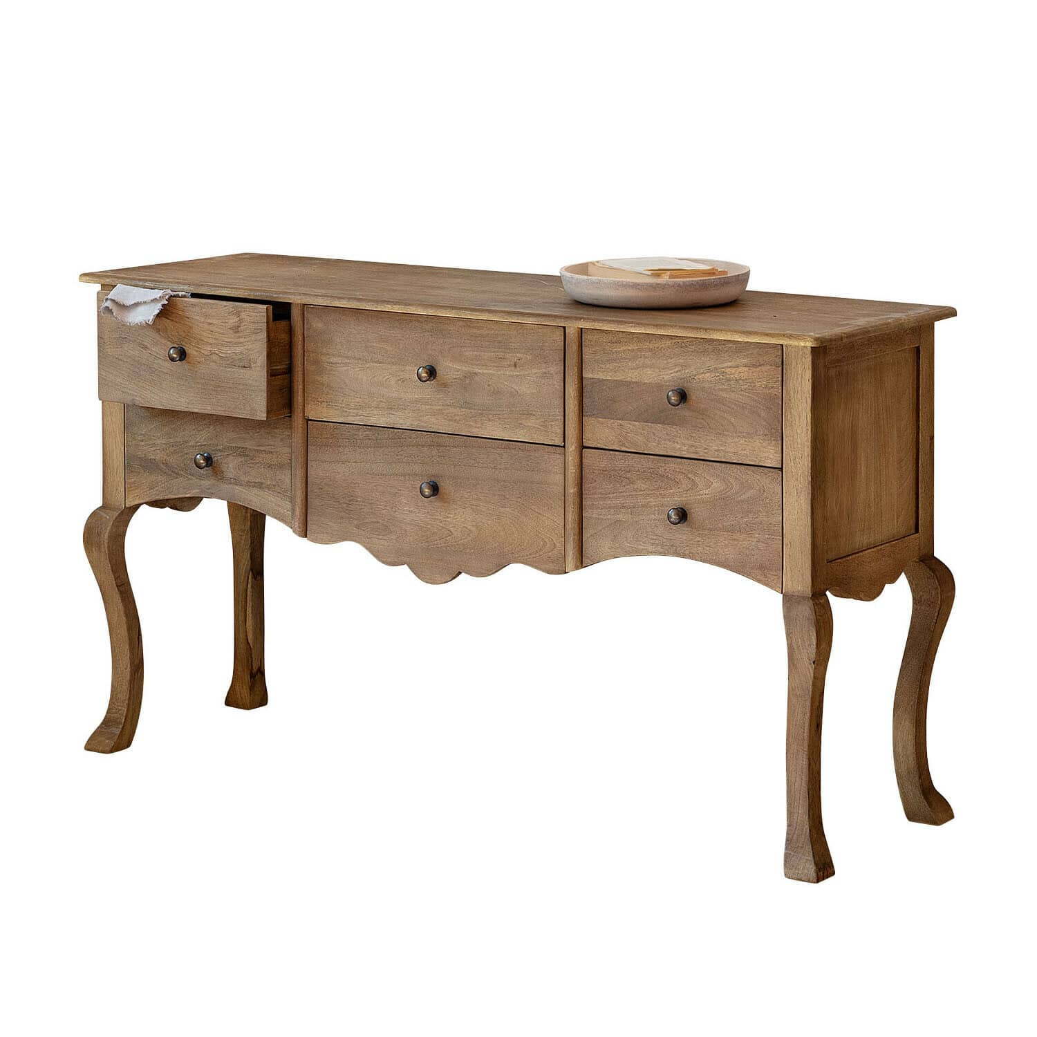Commode Norelia Console en bois de manguier naturel avec cinq tiroirs et pieds sculptés décoratifs